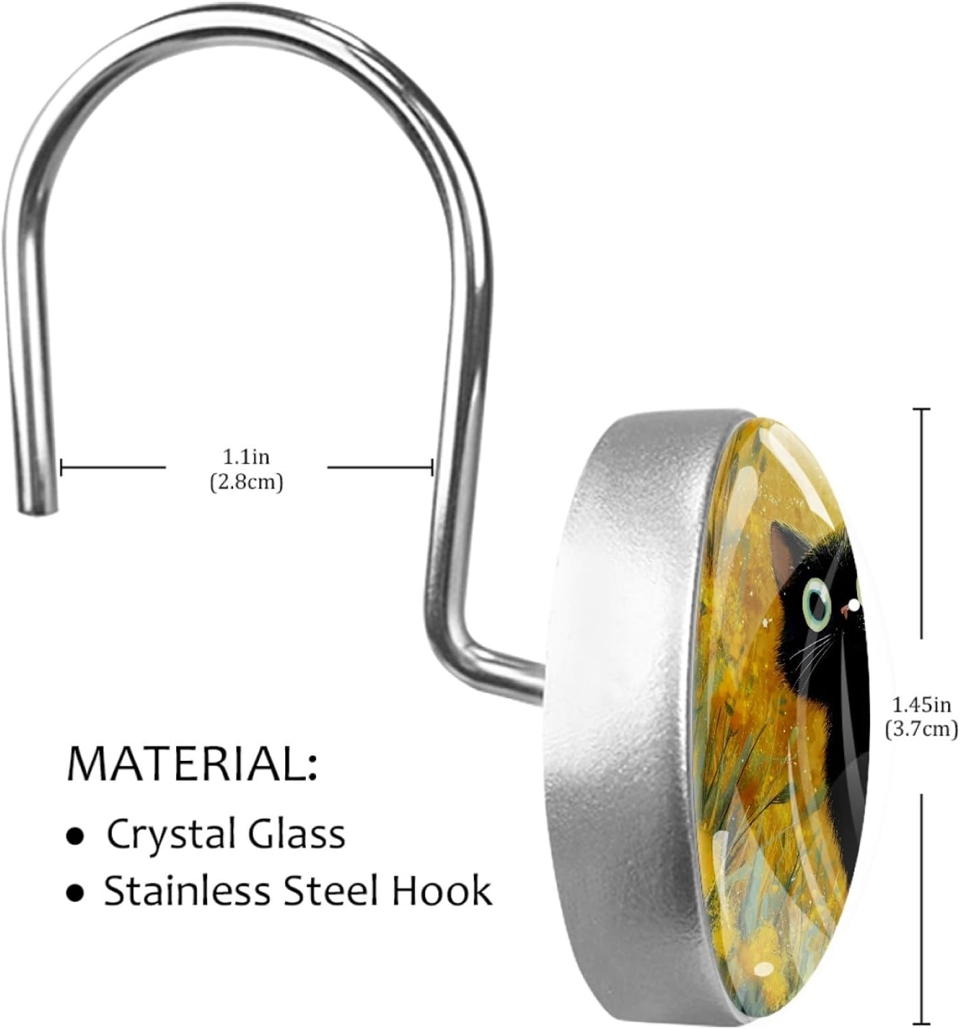 12 Packs Cat in the Florals Shower Curtain Hooks, Stainless Steel Glass Shower Curtain Rings for Bathroom Decor, Metal Rustproof Curtain Rod Hooks