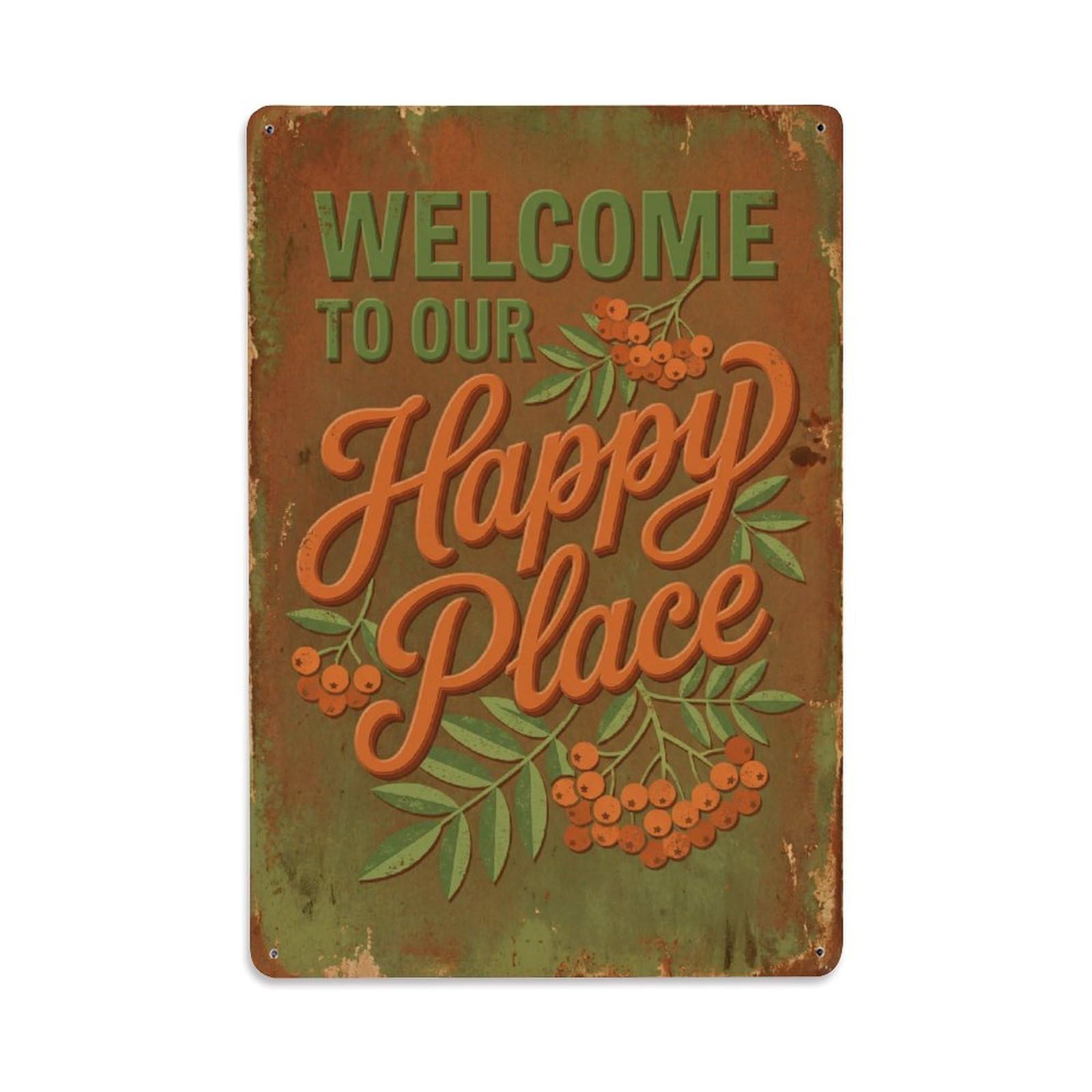 Okngb Style Rowan Berry Welcome Happy Place Rustic Garden Border Metal Tin Sign Plaque Wall Decor For Cafe, Man Cave, Club Bar, Office, Home Garden Round Metal Poster 8X12inch