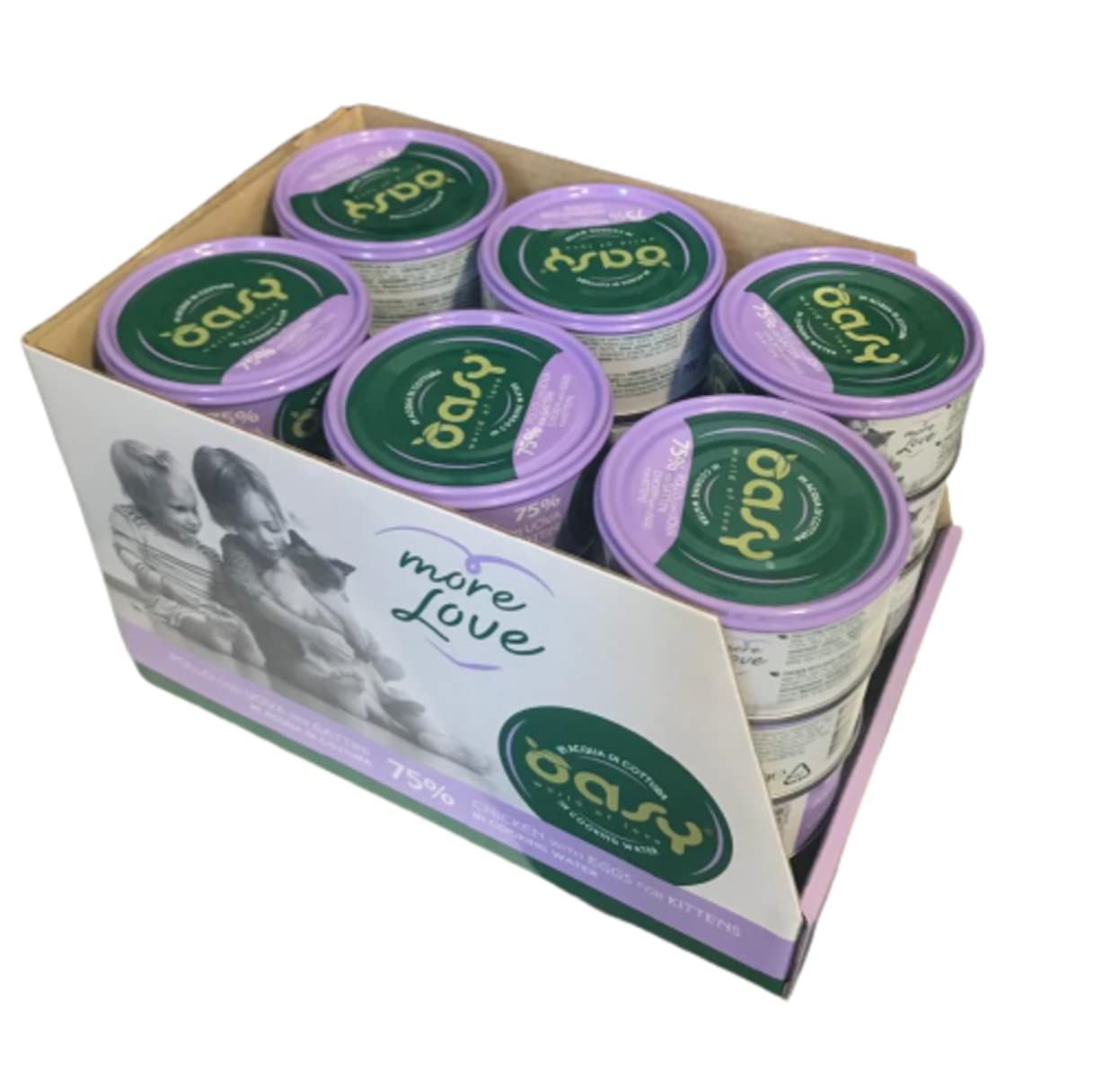 Oasy More Love cibo umido naturale per Gattini gusto Pollo con Uova. Confezione da 24 scatolette (1 scatoletta = 70 gr.) Formulato senza glutine