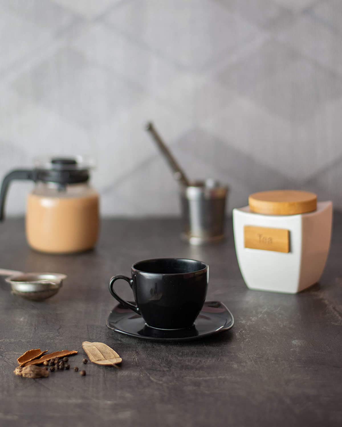 Home-Cart Tableware Matte Black Fine Bone China Cup Saucer Set for Home Office (6+6) 180 ml 1