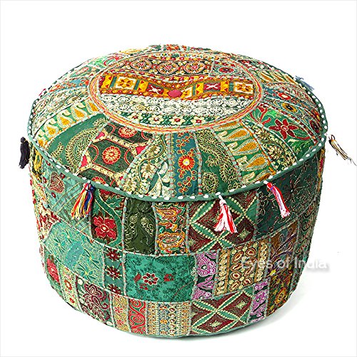 Eyes of India - 17 X 12 Small Green Patchwork Round Ottoman Pouf Pouffe Cover Floor Seating Boho Chic Bohemian Accent Indian Handmade