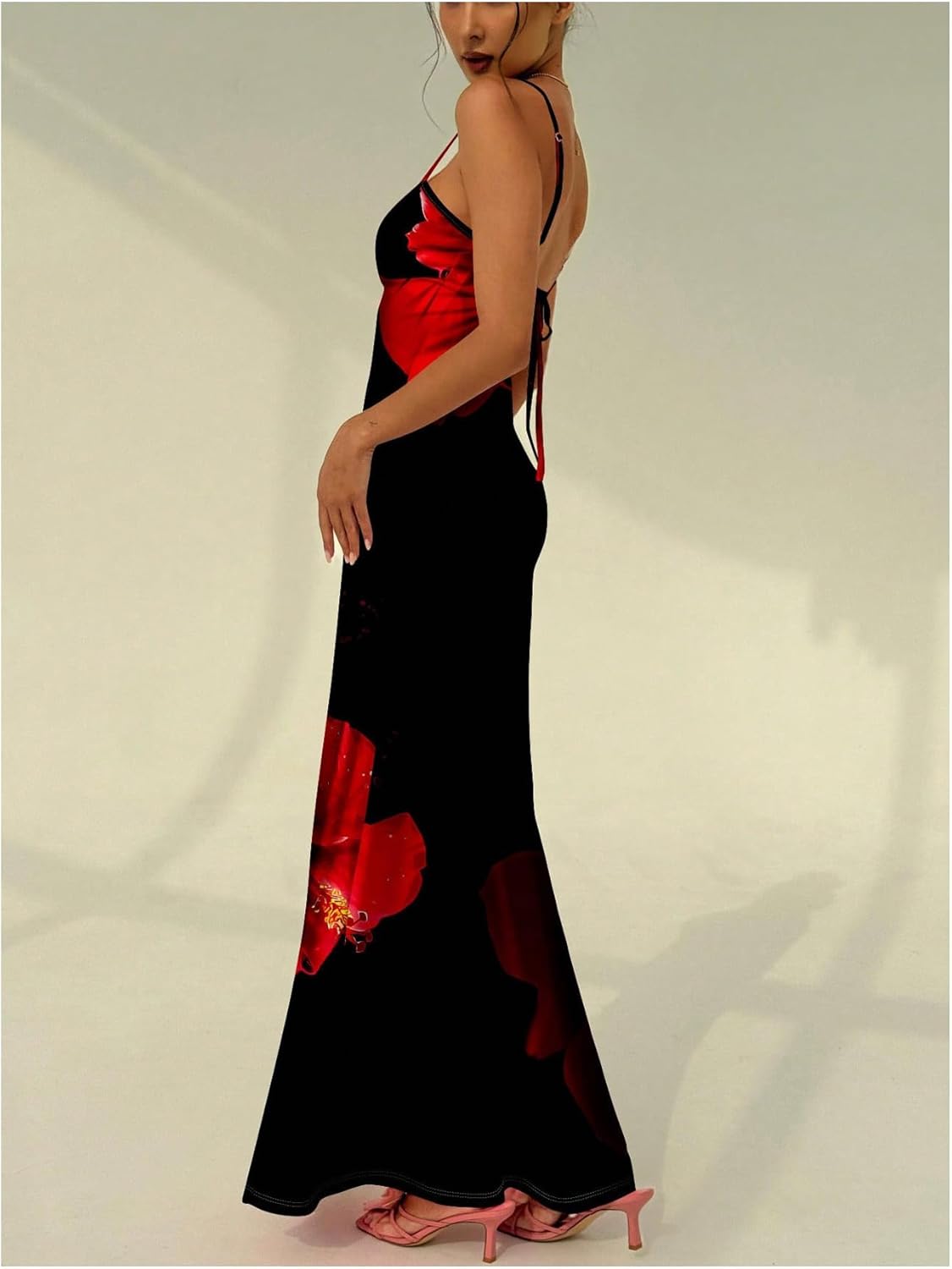 Floerns Women's Flower Spaghetti Strap Maxi Dress V Neck Tie Back Vacation Bodycon Long Dresses - Image 2