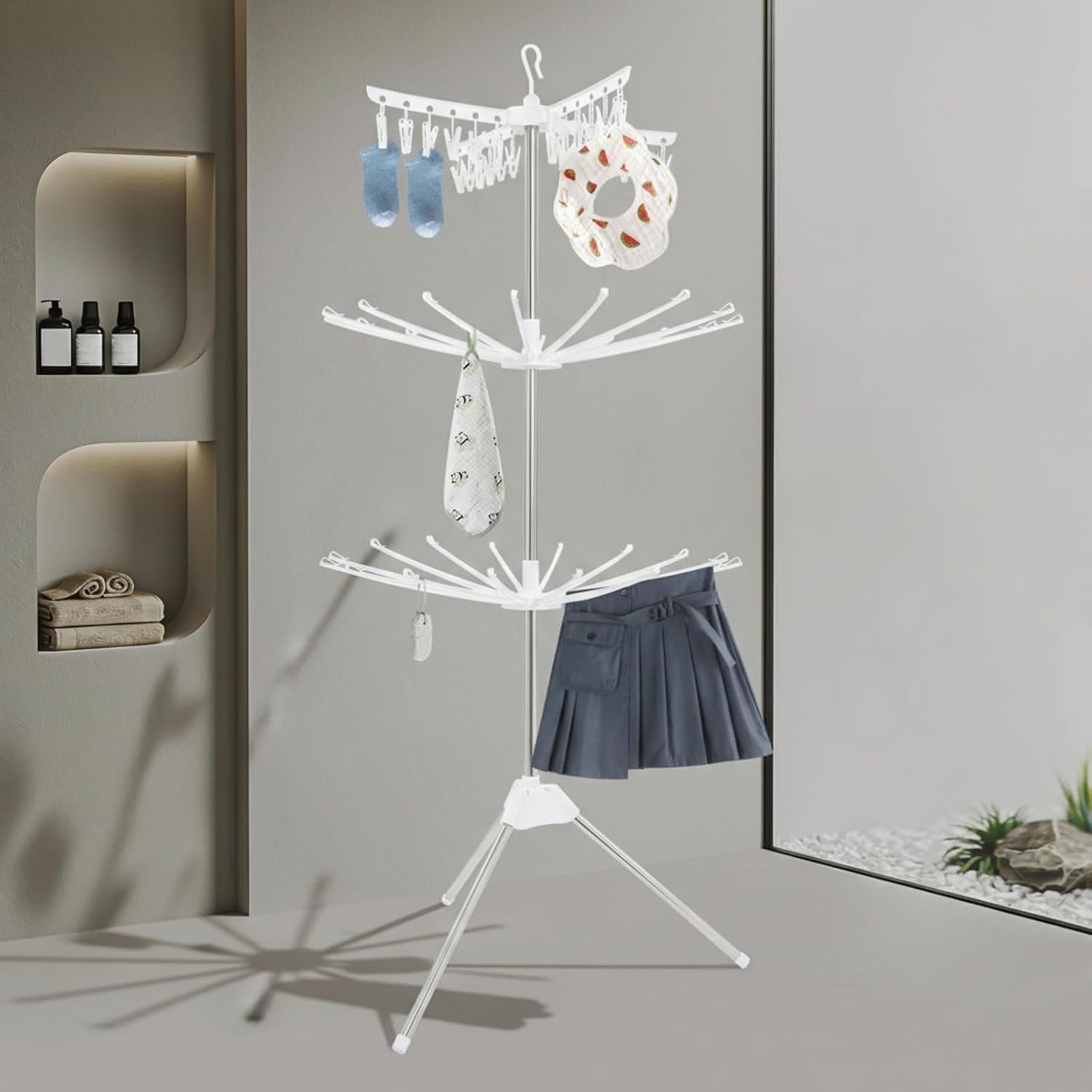 3-Tier Clothes Drying Rack, Foldable Laundry Stand with 24 Clips, Tripod Laundry Drying Rack Indoor, Stainless Steel, White