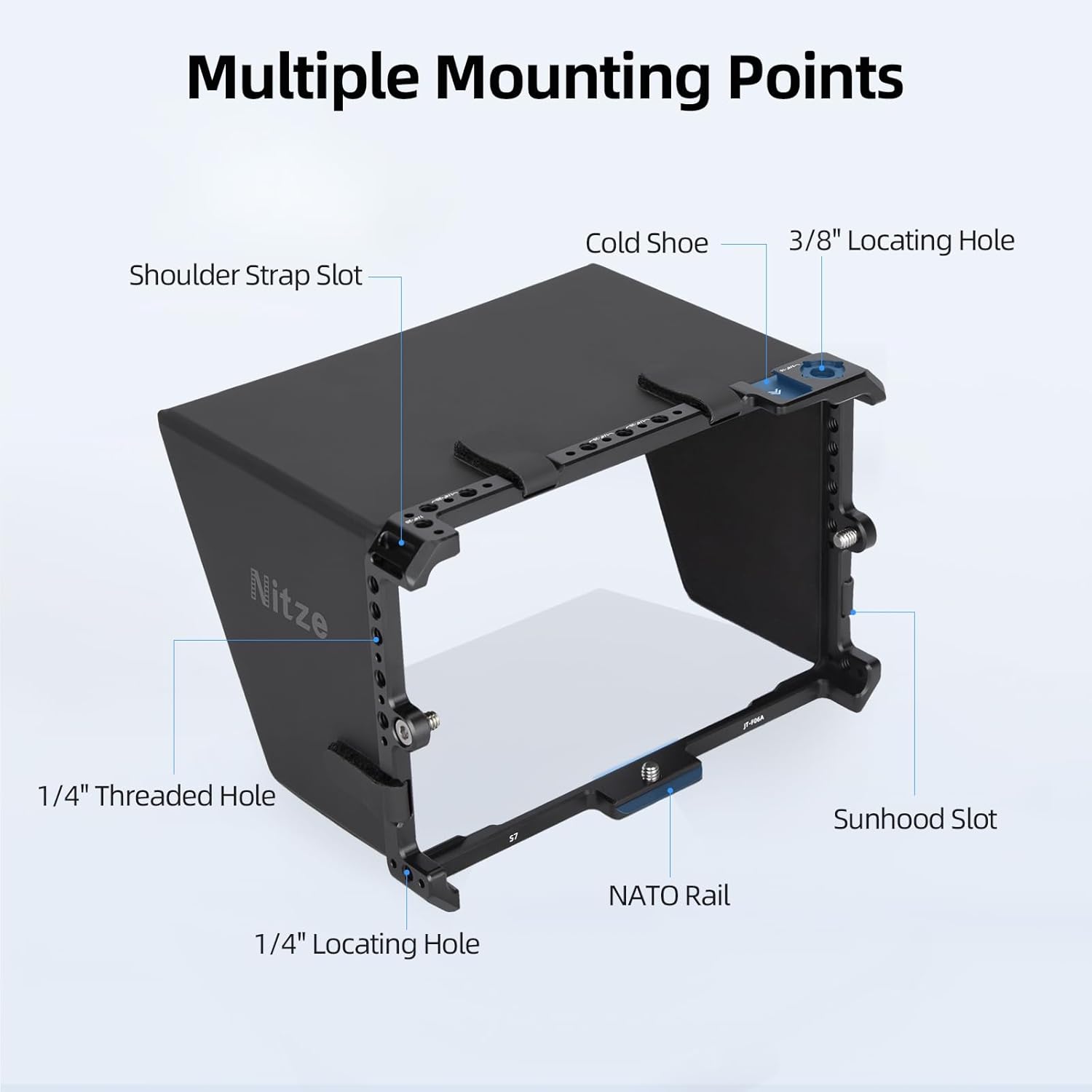 Nitze Cage for Feelworld S7 Monitor with Built-in NATO Rail, Cold Shoe and PU Sunhood - JT-F06B