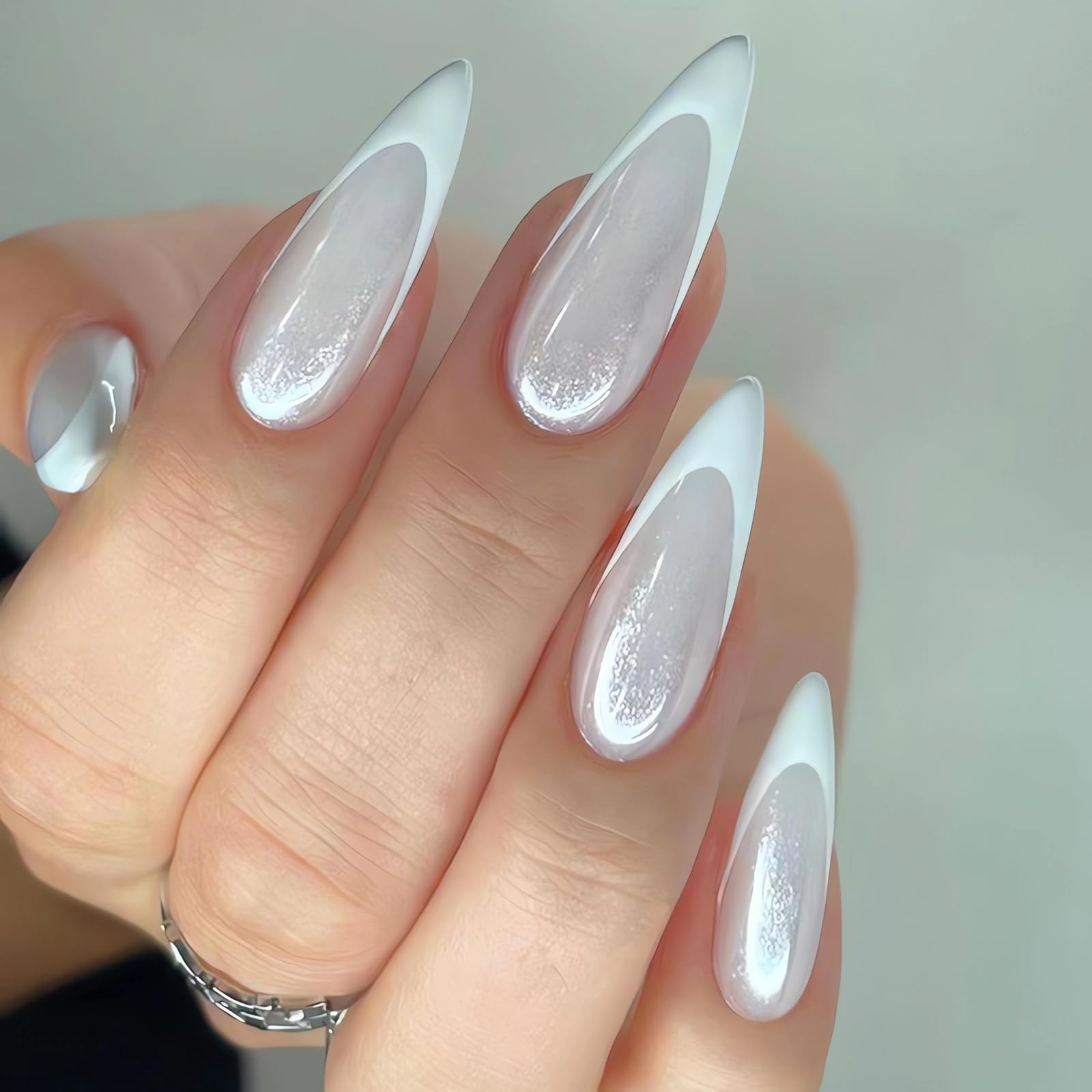 IMSOHOT Long Almond Press on Nails French Tip Stiletto Fake Nails White Aurora Full Cover Glossy False Nails with Designs Glue on Nails Acrylic Artificial Nails for Women
