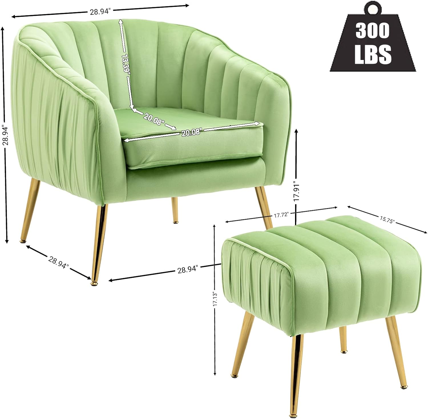 Velvet Accent Sofa Chair with Ottoman, Comfy Living Room Chairs with Adjustable Legs, Modern Upholstered Tufted Lounge Barrel Chair Ottoman Set for Bedroom, Home, Office (Grass Green)