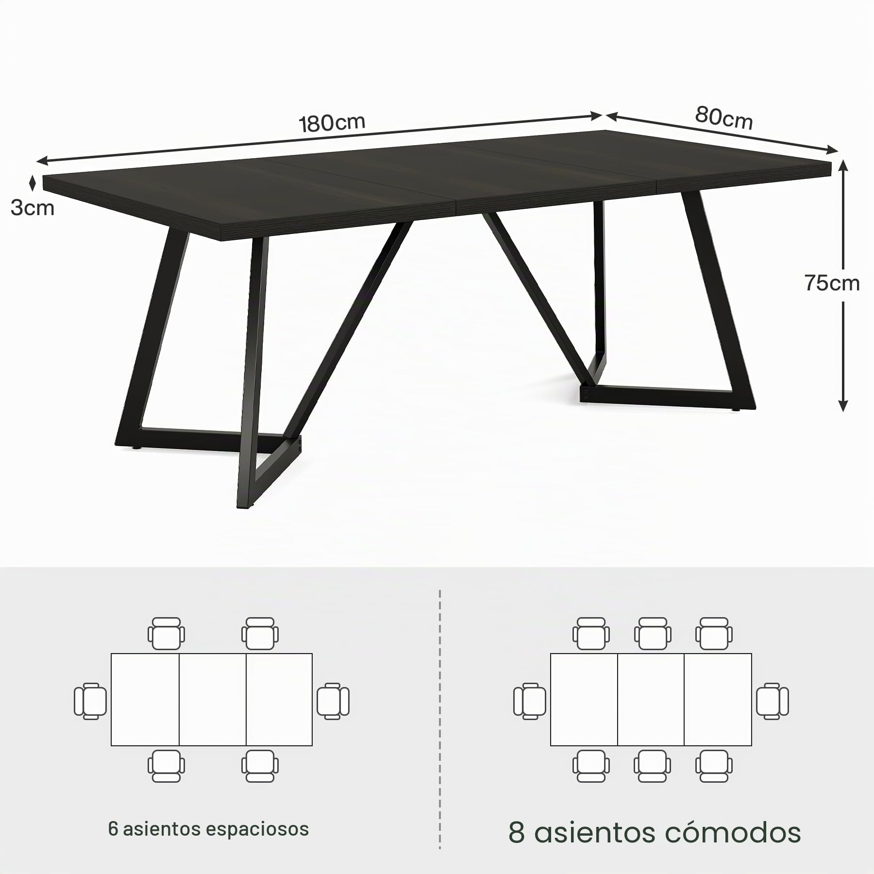 Tribesigns Mesa de comedor grande de 180 cm para 6-8 personas, mesa de comedor moderna con estructura de metal, mesa rectangular de cocina para comedor en casa (negro)