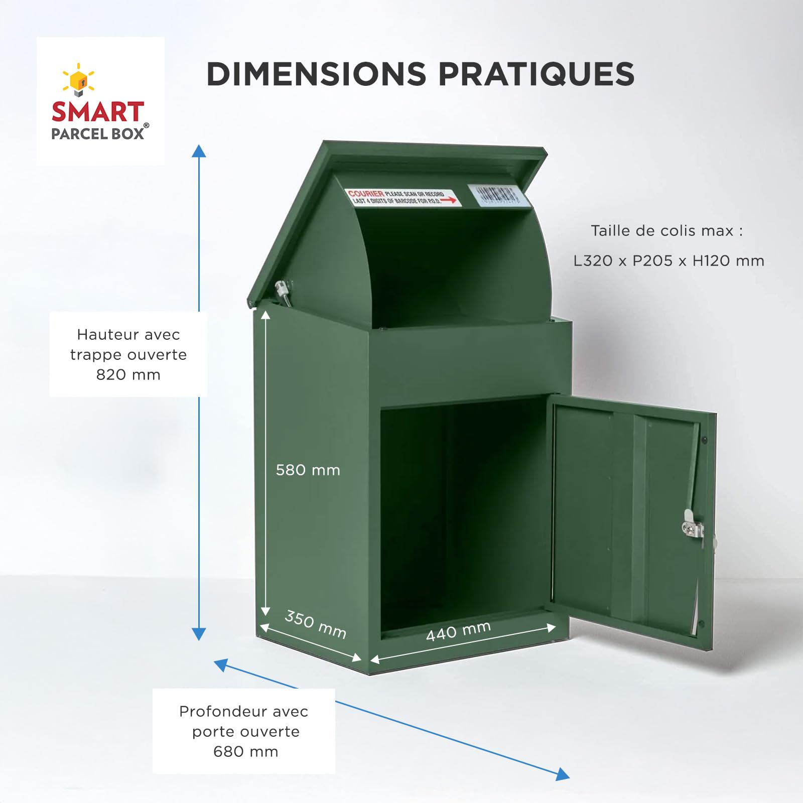 SMART PARCEL BOX Boite aux Lettres Colis, Fixation Murale, Individuelle, Acier galvanisé, 3 clés, Vert, 44 x 35 x 58 cm