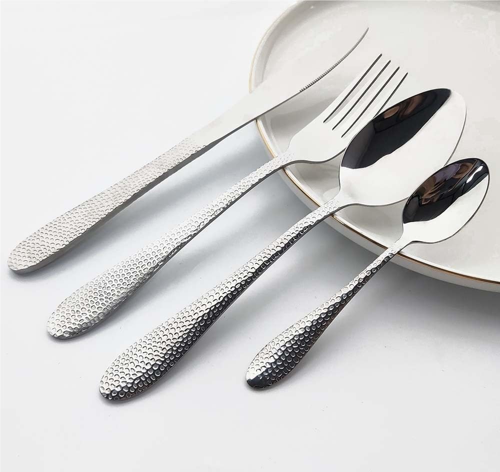 OLSKFUH Cutlery Flatware Cutlery Set, 4/16/24/32/40/48Pcs Blue Stainless Steel Water Ripple Snakeskin Handle Tableware Creative Tableware Tea Spoon Cake Fork,Silver-6Set
