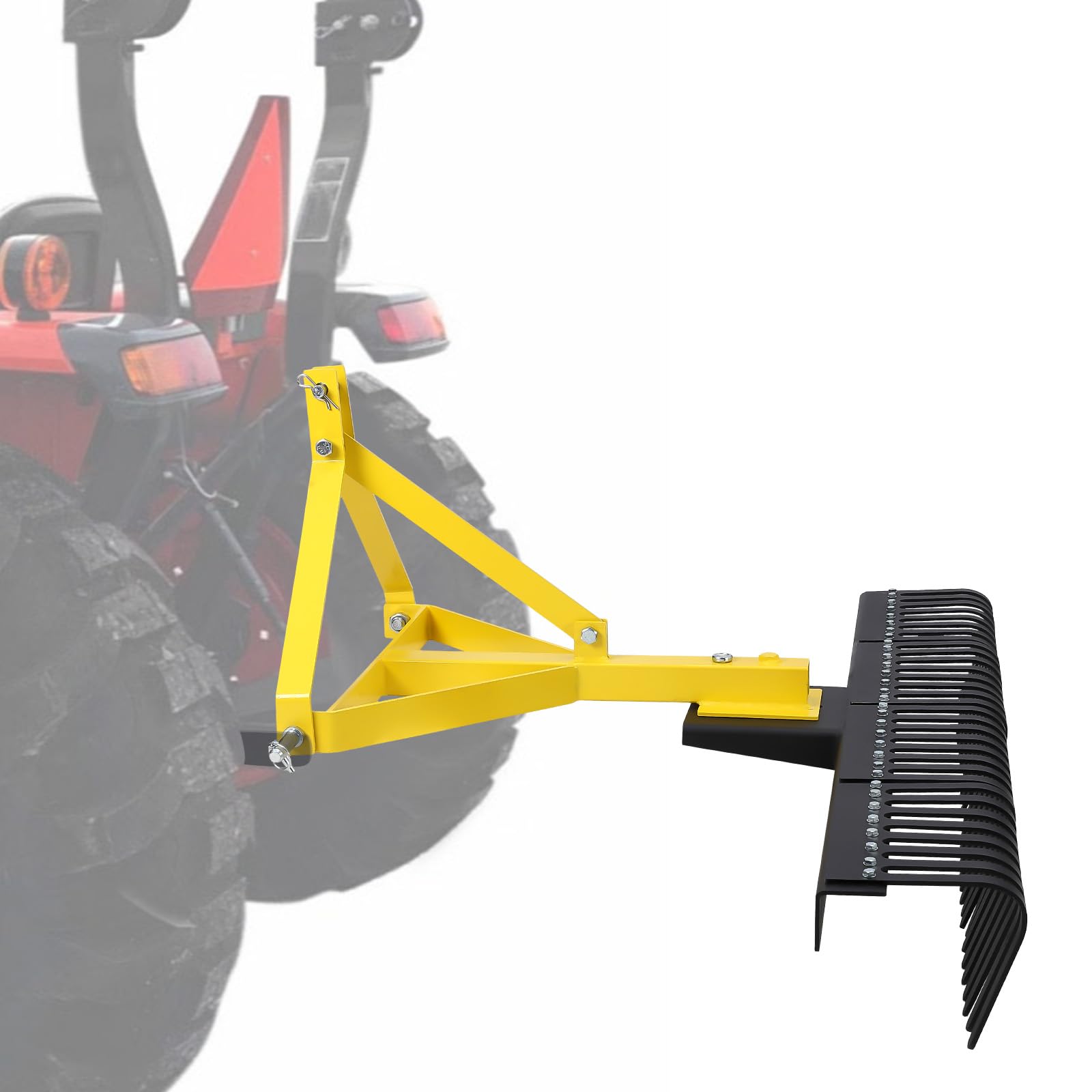 Garvee - Rastrillo para tractor compacto (3 puntos, categoría 1, hoja de 1,52 m, rotación 360°, ideal para nivelar, recoger piedras y escombros, herramienta manual de jardín, color amarillo