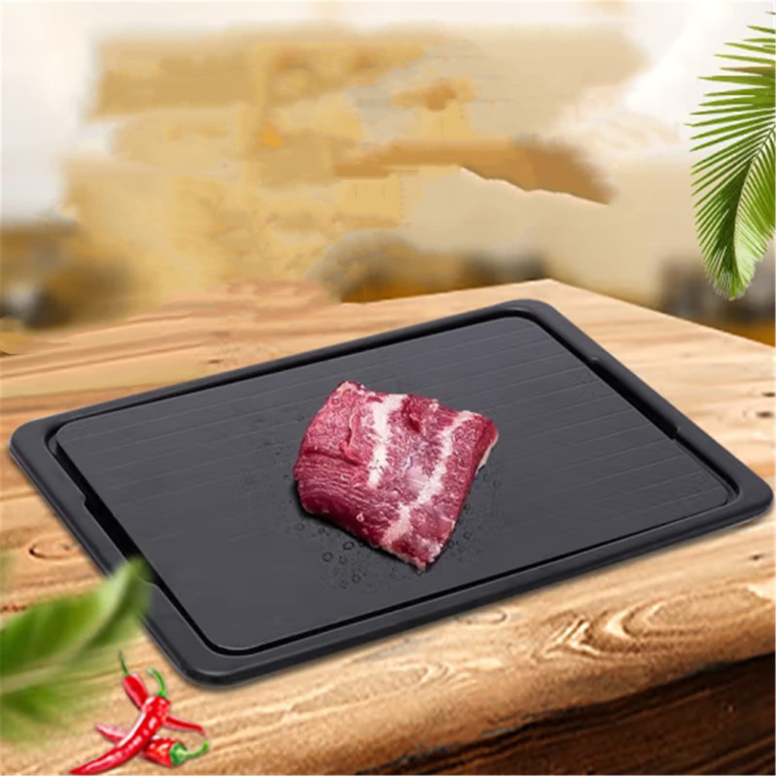 Auftaubrett für die Küche Gefrorenes Fleisch, Meeresfrüchte, Steak, Auftauplatte, Auftauen, rohes, frisches Rindfleisch für Tiefkühlkost in der Küche