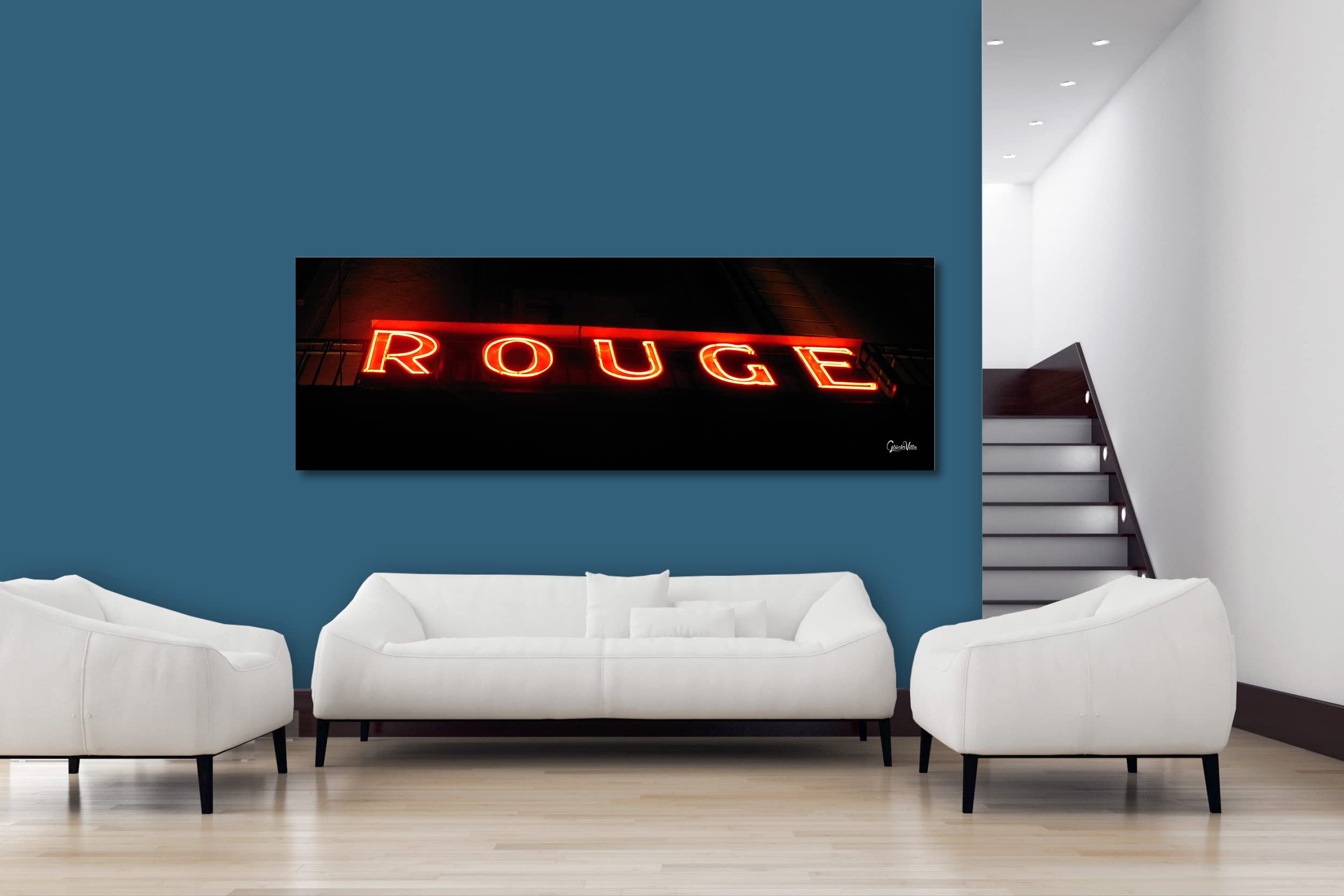 Glücksvilla - Rotes Rouge (Echtglas + Acryl 4 mm, 90 x 30 cm) | div. Maße - aus DE - Kunstdruck XXL Deko Wandbild quer - Hotel Reklame Leuchtschrift Schild Buchstabe