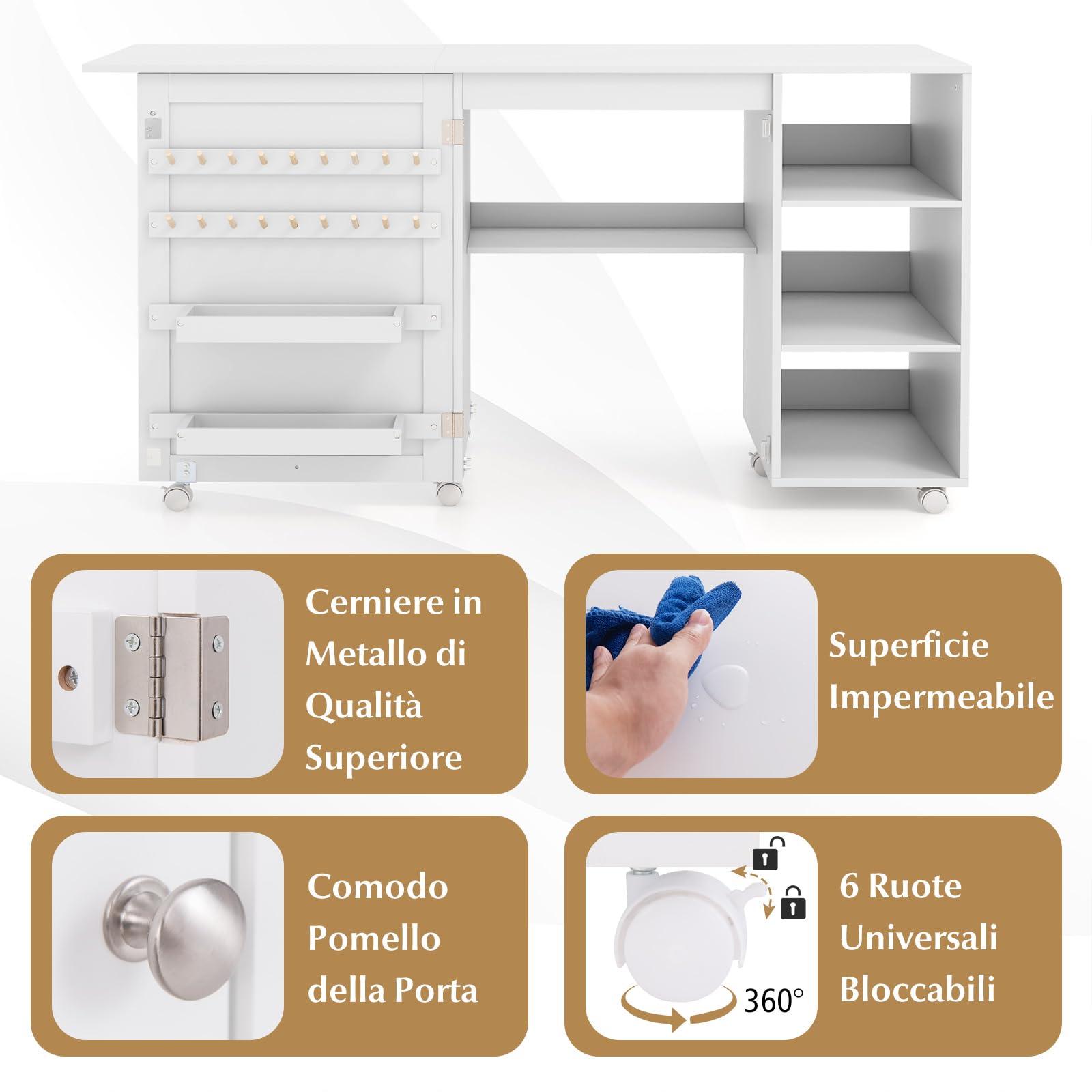 RELAX4LIFE Mesa de costura plegable, mueble para máquina de coser con estantes de almacenamiento, 2 recipientes y 18 ganchos, estación de trabajo portátil con ruedas bloqueables para espacios
