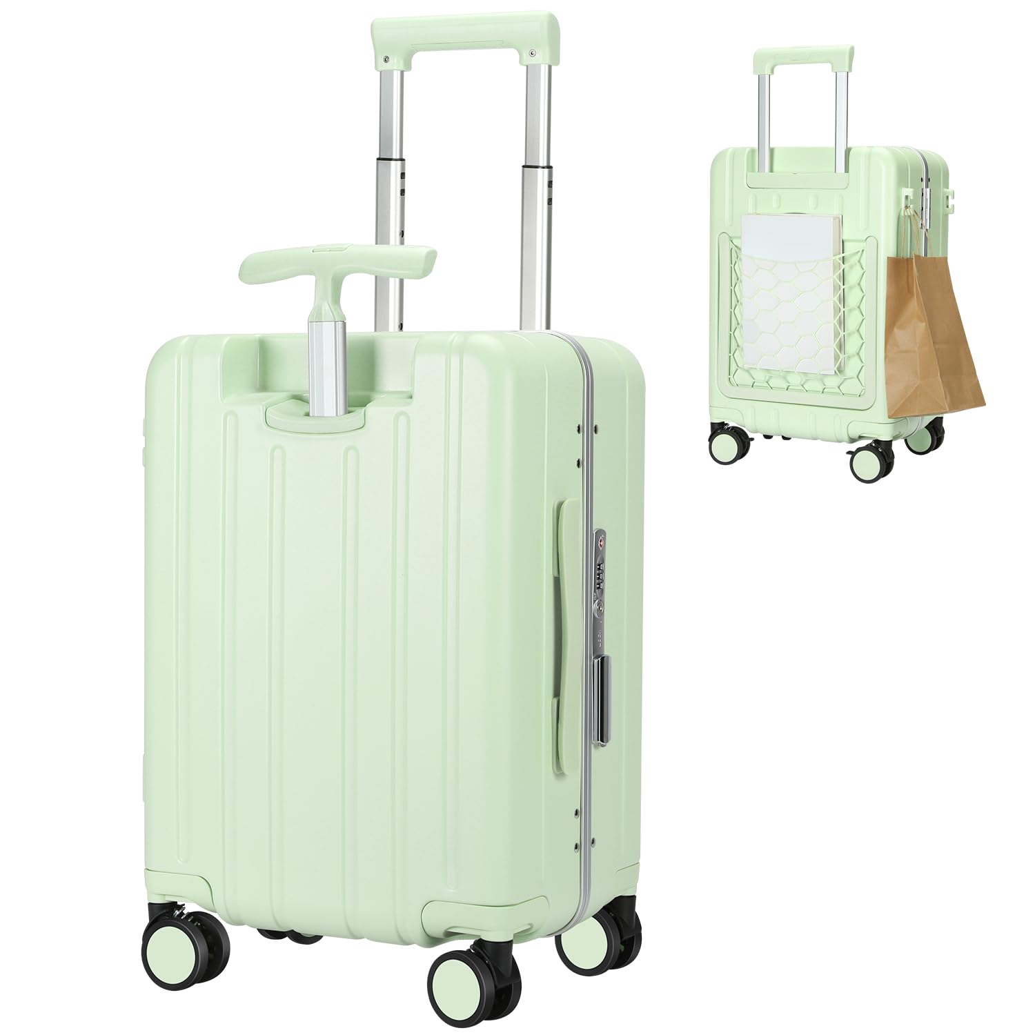 MRPLUM Carry On Luggage Double Handle Suitcase with Net Pocket,Hard Shell Spinner Wheels Luggage with TSA Lock&Seat Belt,20 inch,Green
