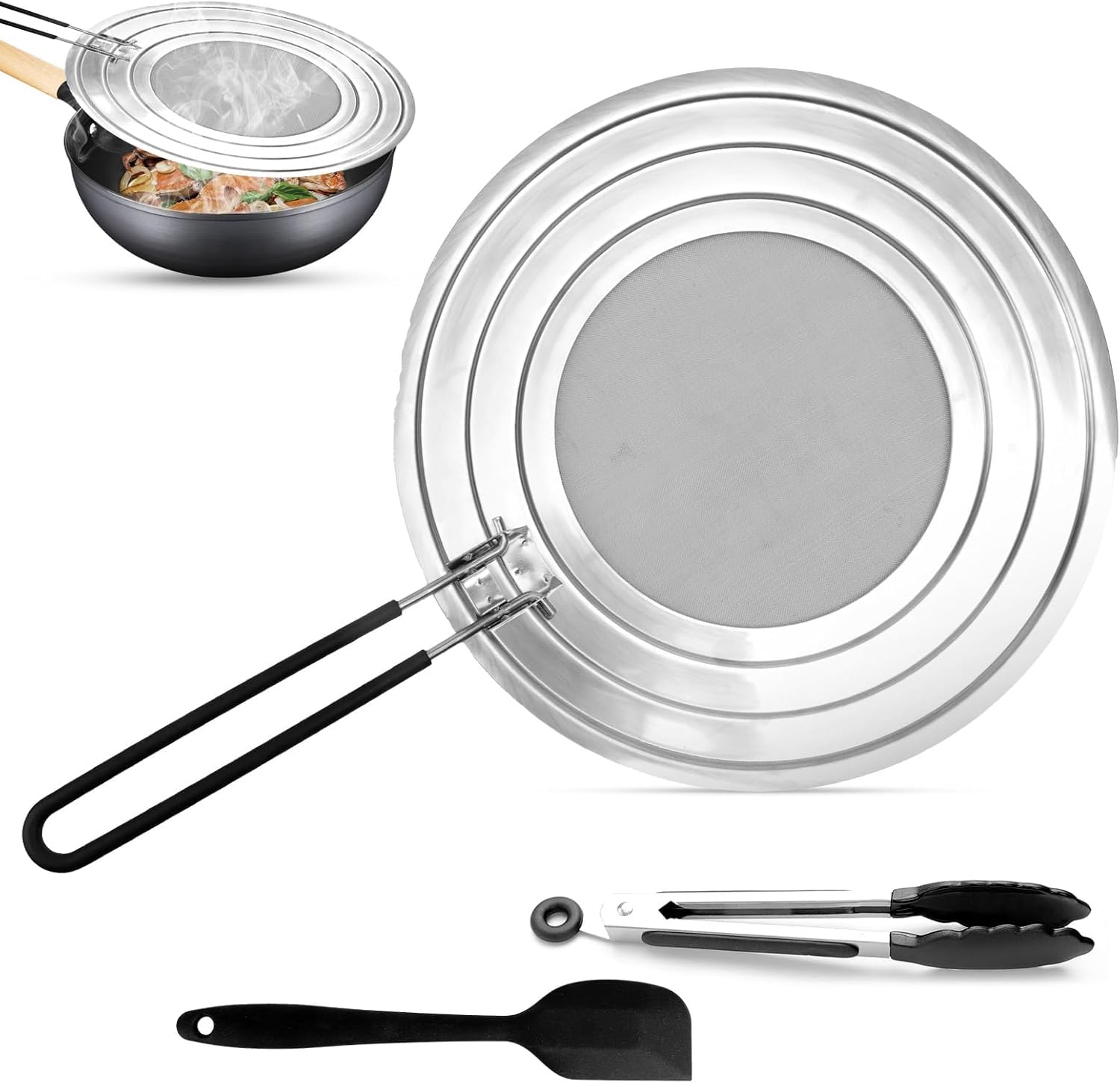 Splash Guard Pans with Folding Handle, Stainless Steel Splash Guard for Pans Diameter 20, 24 and 28 cm Splash Guard, Universal Splash Guard to Protect Against Grease Splashes