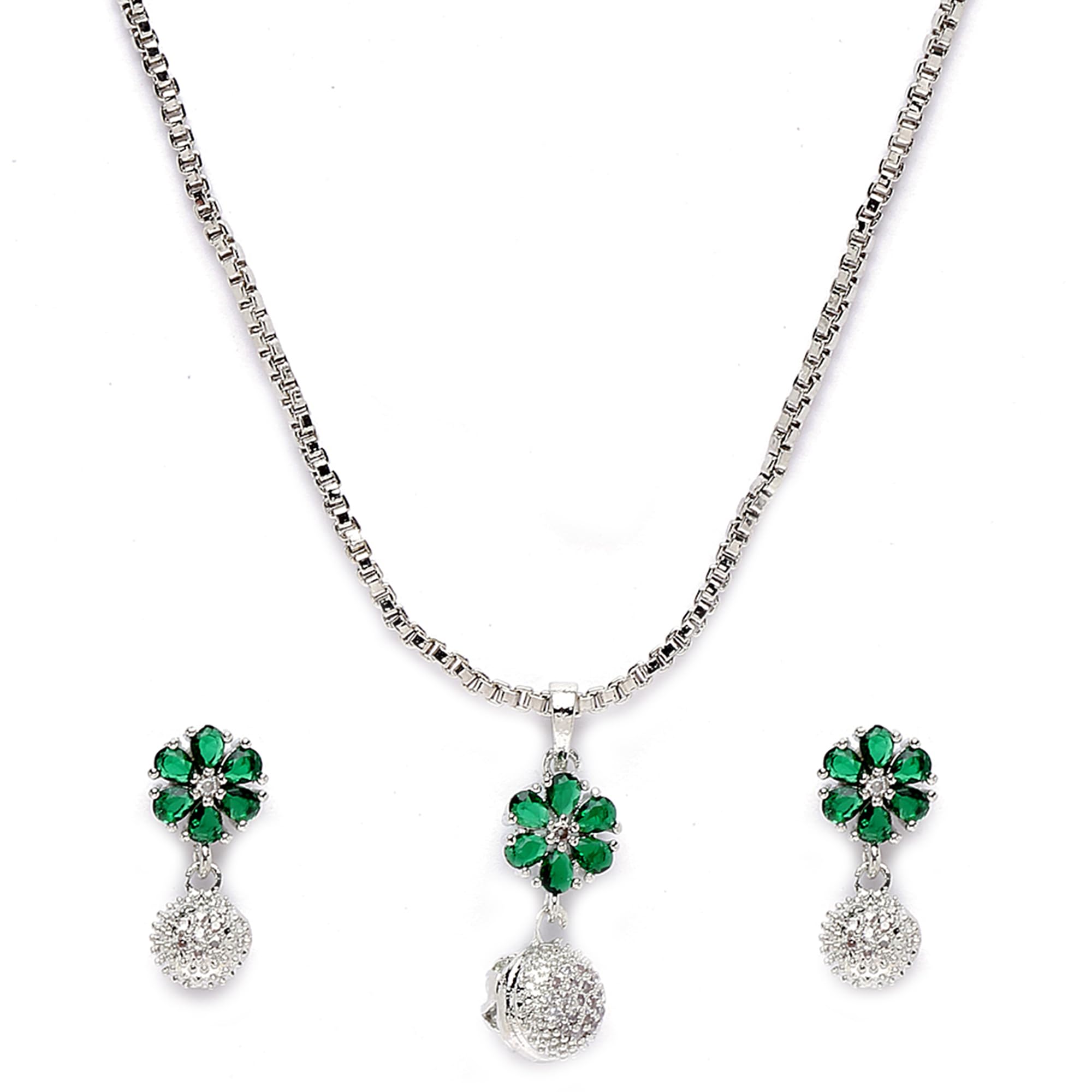 ZENEMERhodium-Plated Silver Toned Green Cubic Zirconia studded Floral Shaped Cute Pendant with Earrings Jewellery Set for Girls and Women (Green)