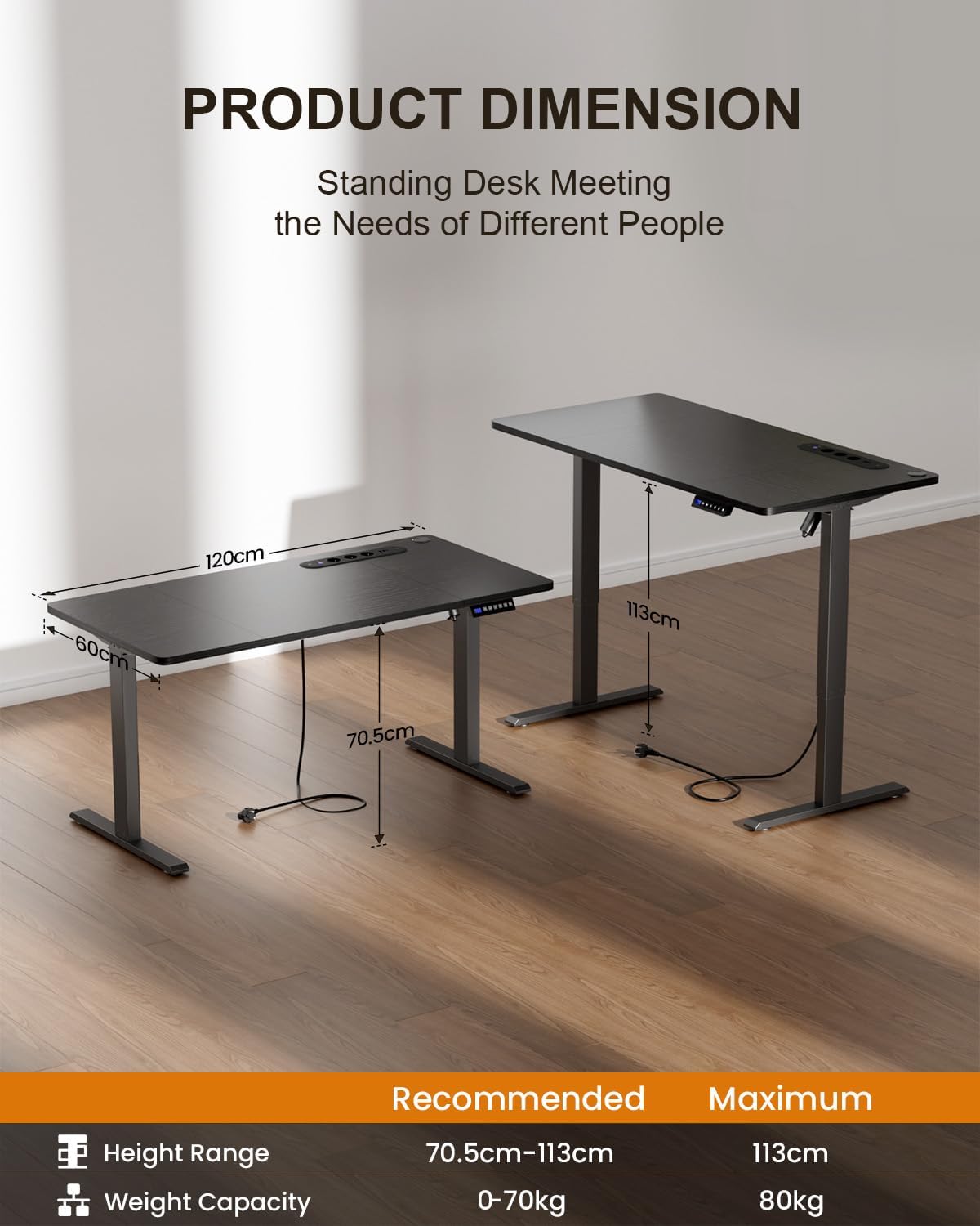 Electric Standing Desk, 120 x 60 cm, Height Adjustable Electric Desk with Built-In Socket & USB Port, Height Adjustable Table with 3 Memory Functions Controls, Black image 3