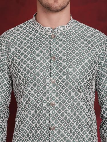 Image of Jompers Men's Silk Blend Regular Fit Sequin Chikankari Front Open Kurtas