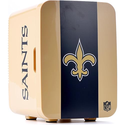 Ukonic NFL New Orleans Saint 15-Can Mini Fridge 10L – AC/DC Powered, Official Team Colors & Logo, Portable Cooler for Tailgates, Home, Office, or Car