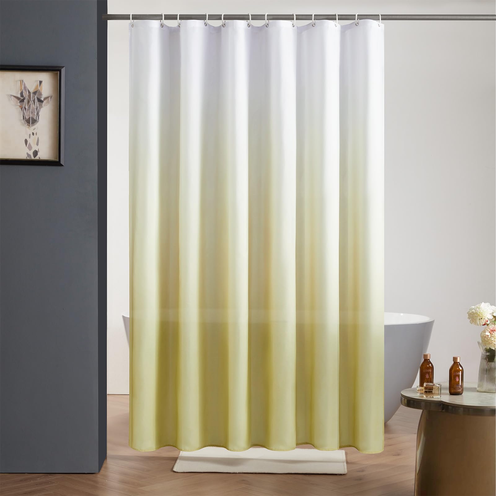 Furlinic Duschvorhang 180x200cm Textile Vorhänge aus Stoff Wasserdicht Anti-schimmel Waschbar Badezimmer Vorhang für Bad in Badewanne Weiß nach Light Taupe mit 12 Duschringe.