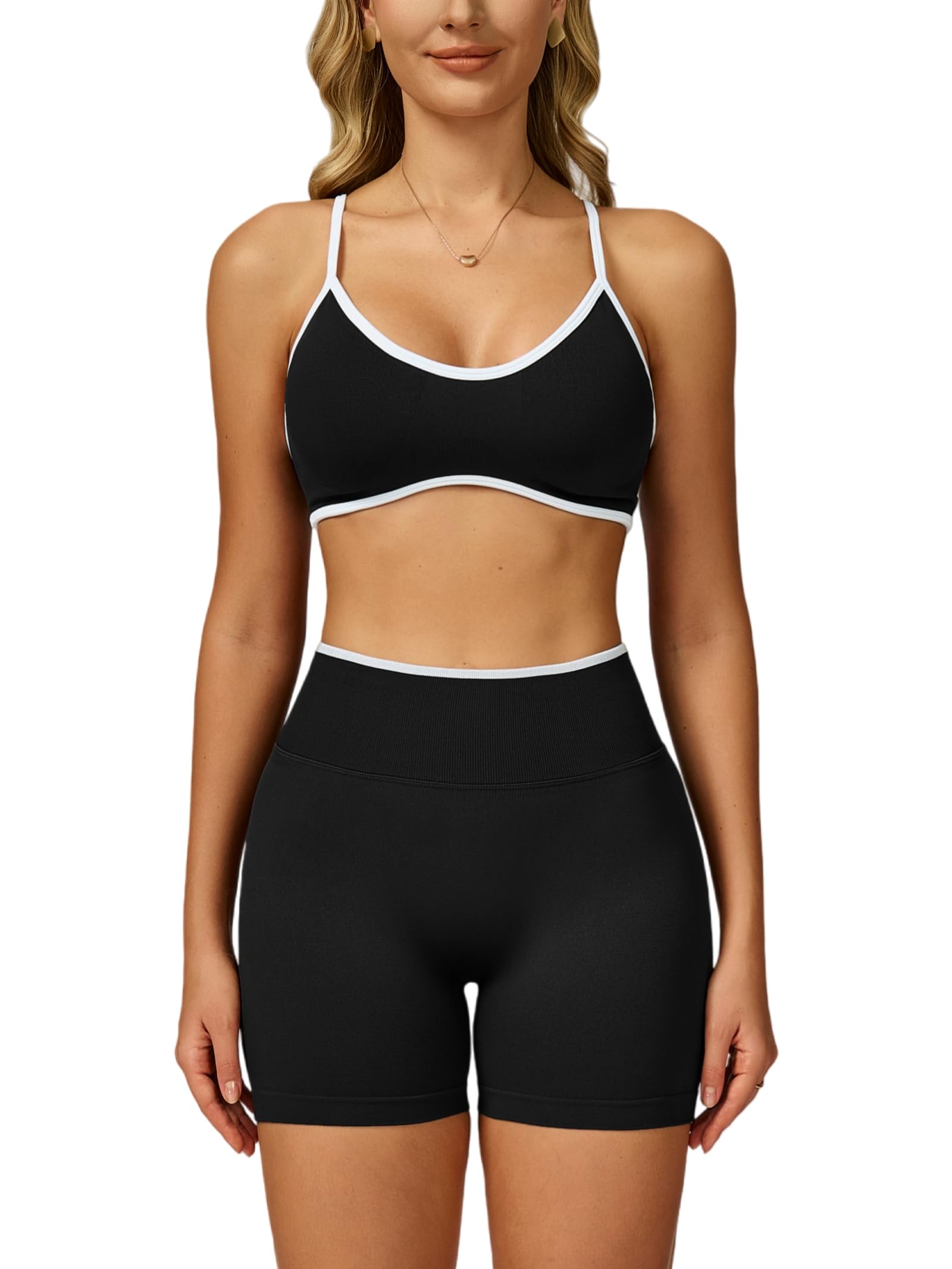 Workout Sets for Women 2 Piece Seamless Color Block Sports Bra High Waist Tummy Control Biker Shorts Gym