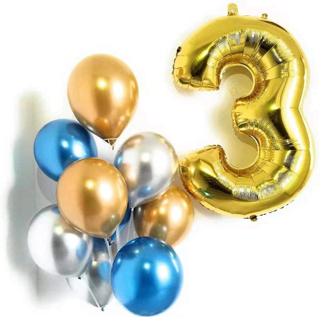 PARTY TIME - Number 3 Gold Foil Balloon Numbers Set - 16 Inch | Pack of 9 Latex Balloons 12" | 3rd Birthday Decorations | Latex Balloons for Birthday Party, Anniversary Decoration Sets (FREE Ribbon)