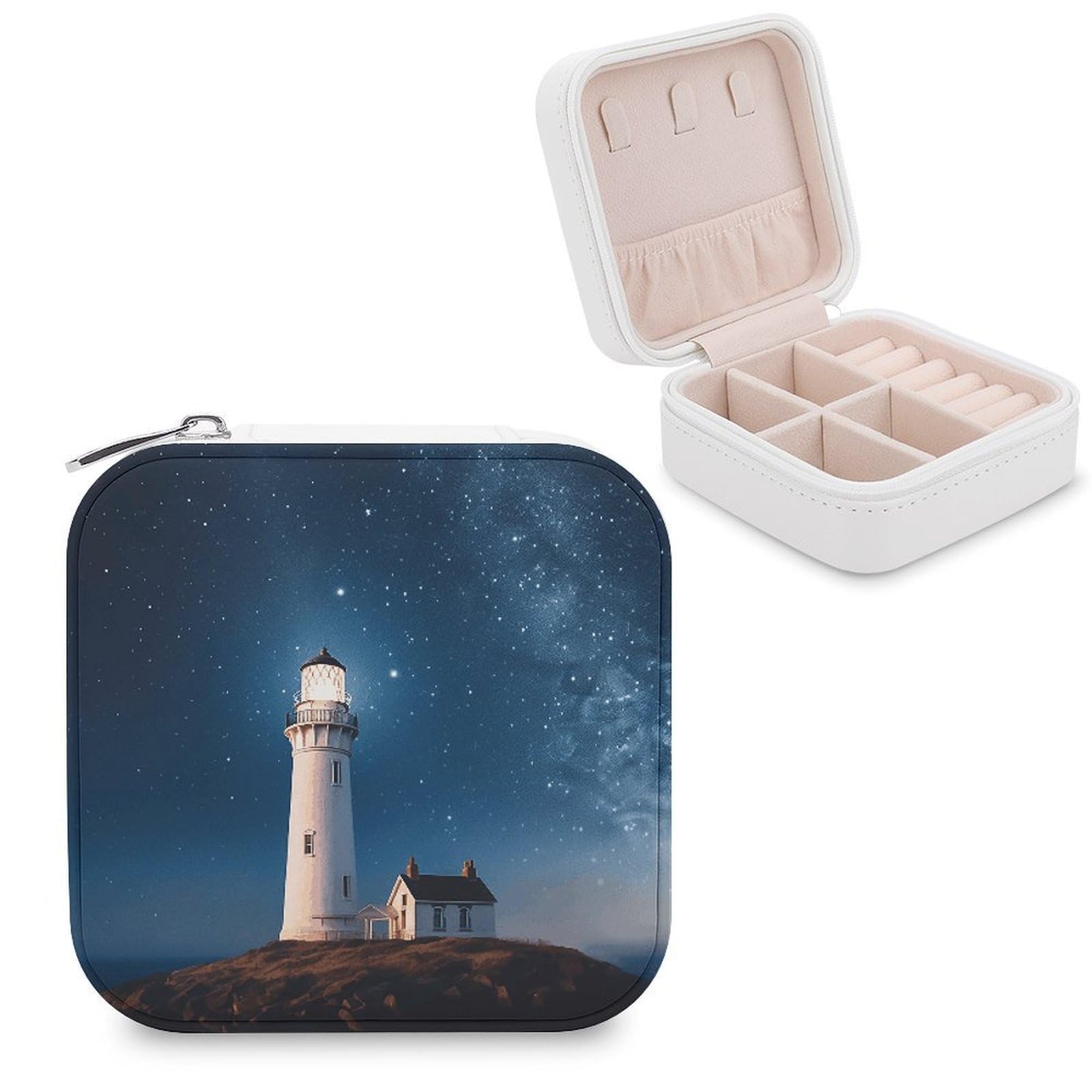 VstaDank Lighthouse Under Starry Night Sky Jewelry Box Exquisite Leather Jewelry Organizer Portable Trinket Organizer Fashion Travel Jewelry Case for Rings Earrings Necklaces Unique Gifts for Women