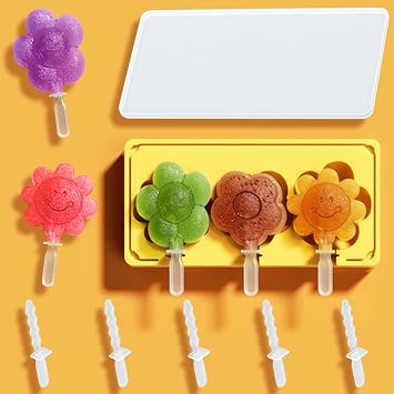 Ice Cream Mold, Silicone Ice Cube Tray, Flower Shape, 3 Holes with Lid, Mold, Ice Maker with Ice Stick, 7.5 x 3.7 inches 190 x 95 mm, Food Grade Pastry Tools, Homemade Ice Cream Maker