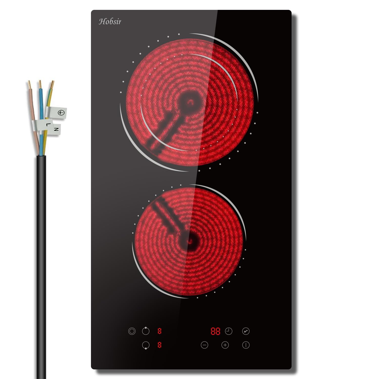 Glaskeramikkochfeld 2 Zonen, Hobsir Einbau Kochfelder 30cm, 3200W, Touch-Steuerung, Doppelte Zone, 9 Heizstufen, Sicherheitssperre, Zeitschaltuhr, Festverdrahtet, Kein Stecker