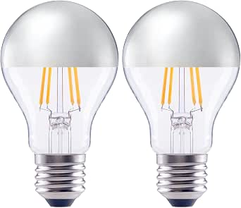 A19 Half Chrome LED Light Bulb 60W Equivalent, Dimmable 800 Lumens 2700K Warm White, E26 Silver Bowl Anti-Glare Bulb, Vintage Edison Mirror Reflected Light for Bedside Pendant Lamp, 2 Pack