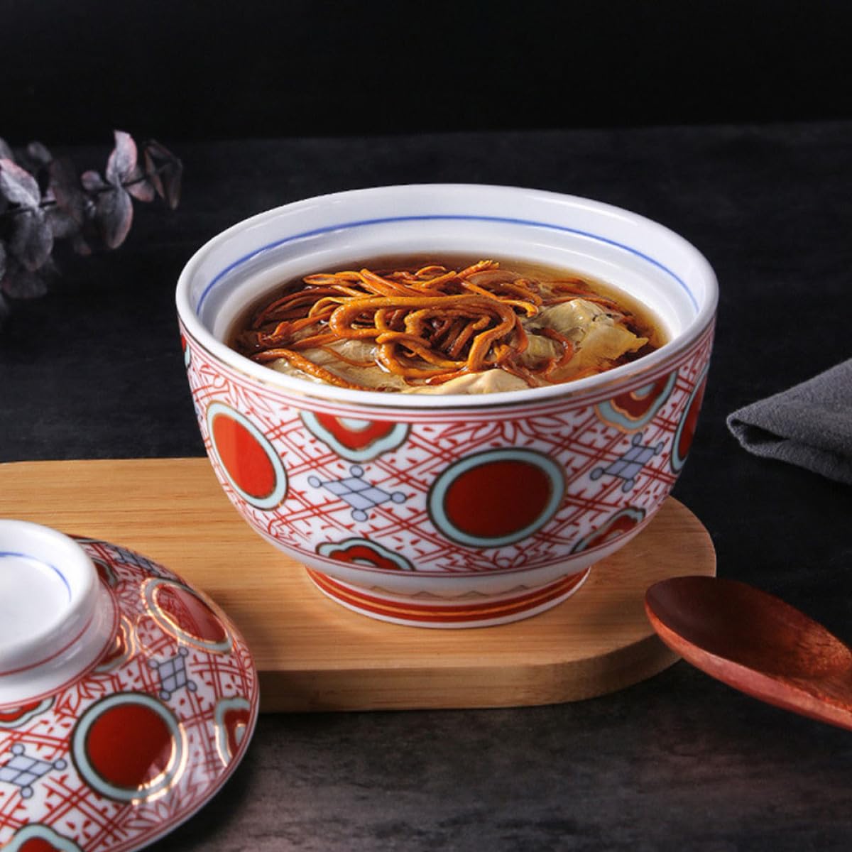 TOYANDONA Tazón de Cerámica para Sopa Japonesa con Tapa Roja, Cuenco de Cocina para Mantener Alimentos Calientes, Adecuado para Uso Doméstico y Sopas Miso o Almejas