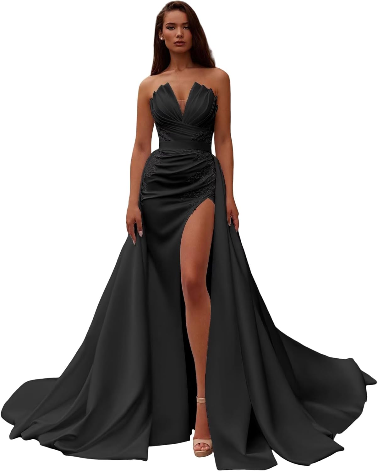 Zeeyecie Strapless Satin Wedding Dresses 2025 V-Neck Mermaid Lace Applique Sparkly Bridal Gown with Detachable Train