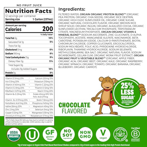 Image of Orgain Organic Kids Nutritional Vegan Protein Shakes, Chocolate - Healthy Kids Snacks, 8g Plant Protein, 23 Vitamins & Minerals, 3g Fiber, No Dairy & Soy, Non-GMO, 8 Fl Oz, 12 Pack, Packaging May Vary