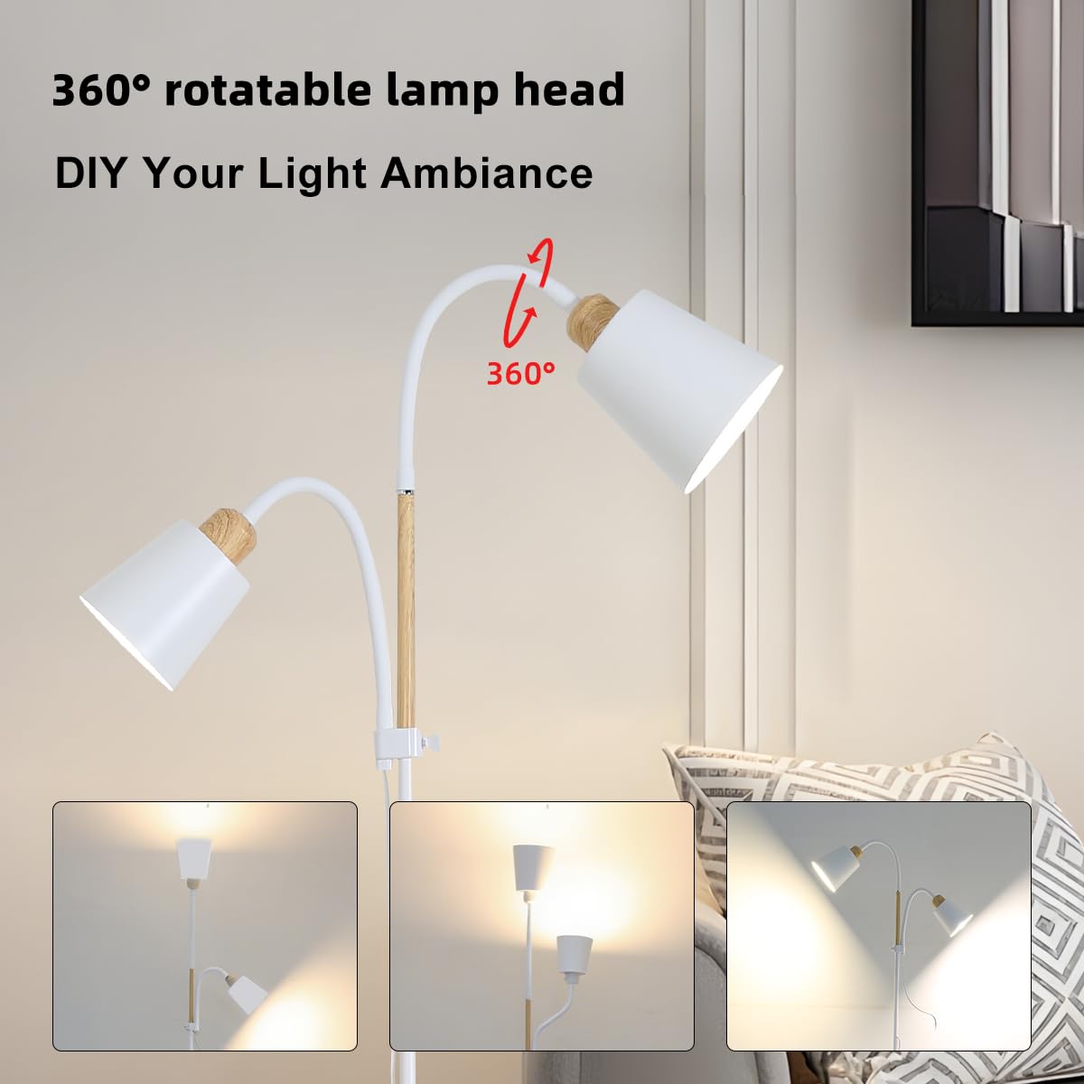 ANTENLICHT YOYO Stehlampe mit leselampe | E27 Fassung max. 60W | 360° schwenkbare Stehleuchte mit 2 Lampenköpfen | Vintage Modern Metall Stehlampe für Wohnzimmer | Höhe 159cm ohne Birne (Weiß)