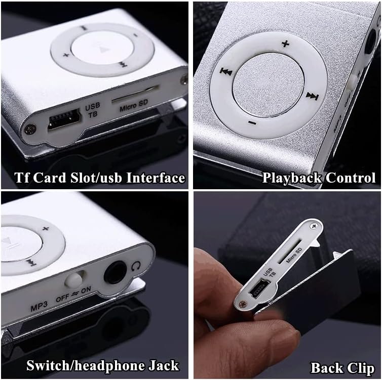 Mxzzand MP3 Player with Bluetooth Portable Music Player Mini MP3 Back Clip Player Durable with Memory Card and Cable(Silver) - Image 3