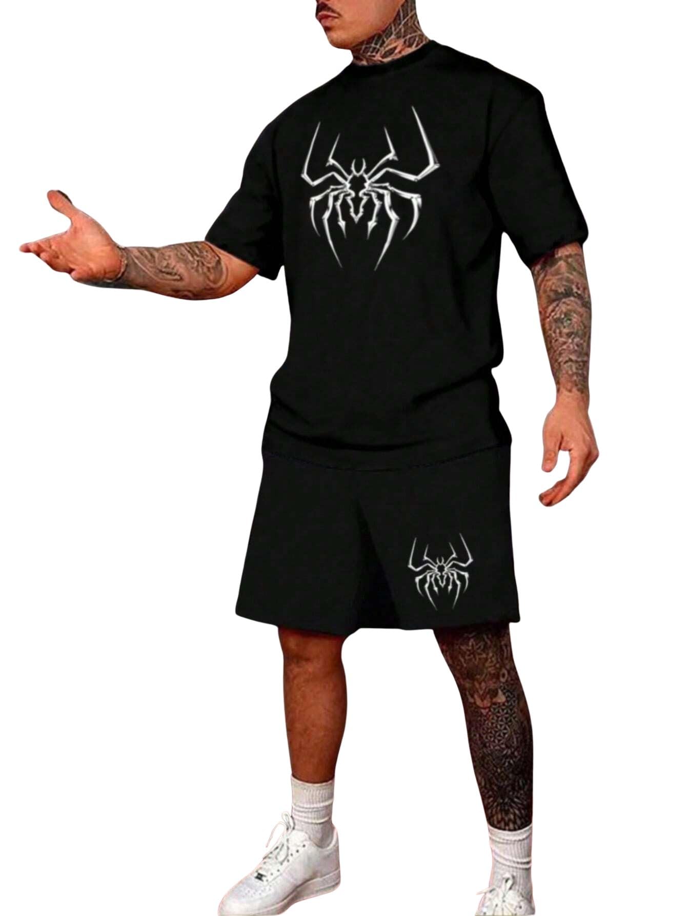 Men's Spider Print T-Shirt and Shorts Set, Black, Casual Streetwear 2-Piece Outfit-image-14