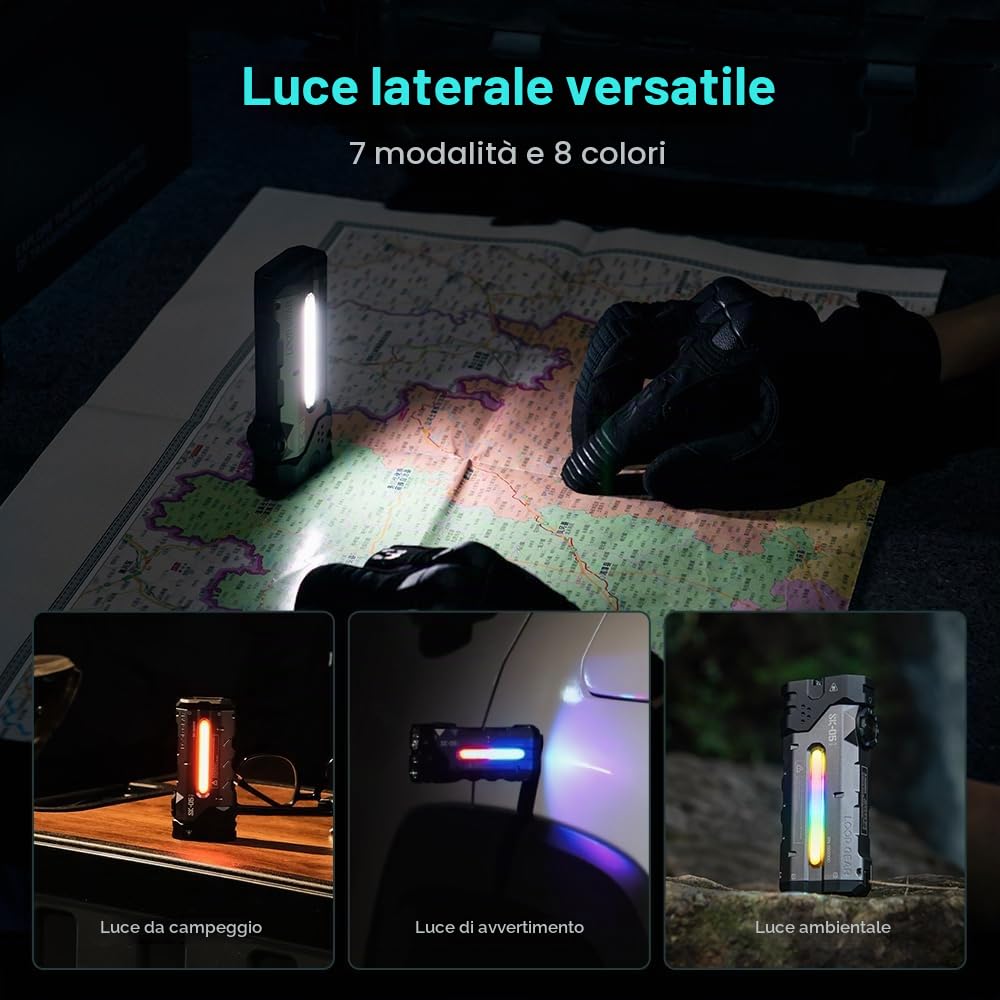 LOOP GEAR SK05 Pro - Torcia a LED piatta con power bank da 8000 mAh, torcia laterale combina proiettore e faretto, 4360 lumen alti, ricaricabile, coda magnetica, IP68, perfetta per campeggio, attività