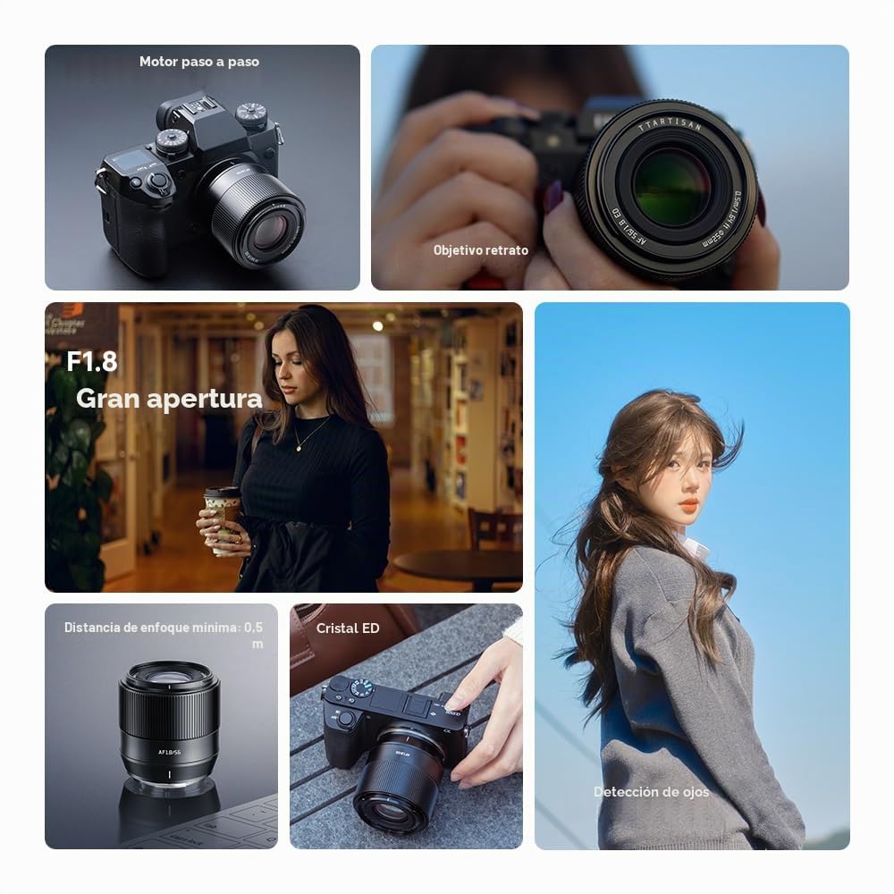 TTARTISAN 56mm F1.8 Objetivo de cámara para Montura Sony E Enfoque automático APS-C Metal Ligero Objetivo Soporte Ojos Seguimiento