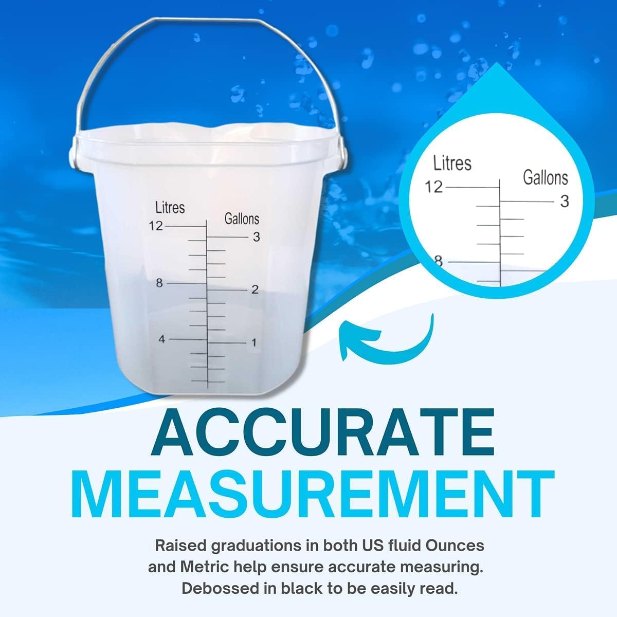 ACCUPOUR 3 Gallon Measuring Bucket with Handle - Multipurpose, Heat Resistant & Chemical Resistant, Measurements in Liters (L) and Gallons (gal) - Large Measuring Container (5 Pack)