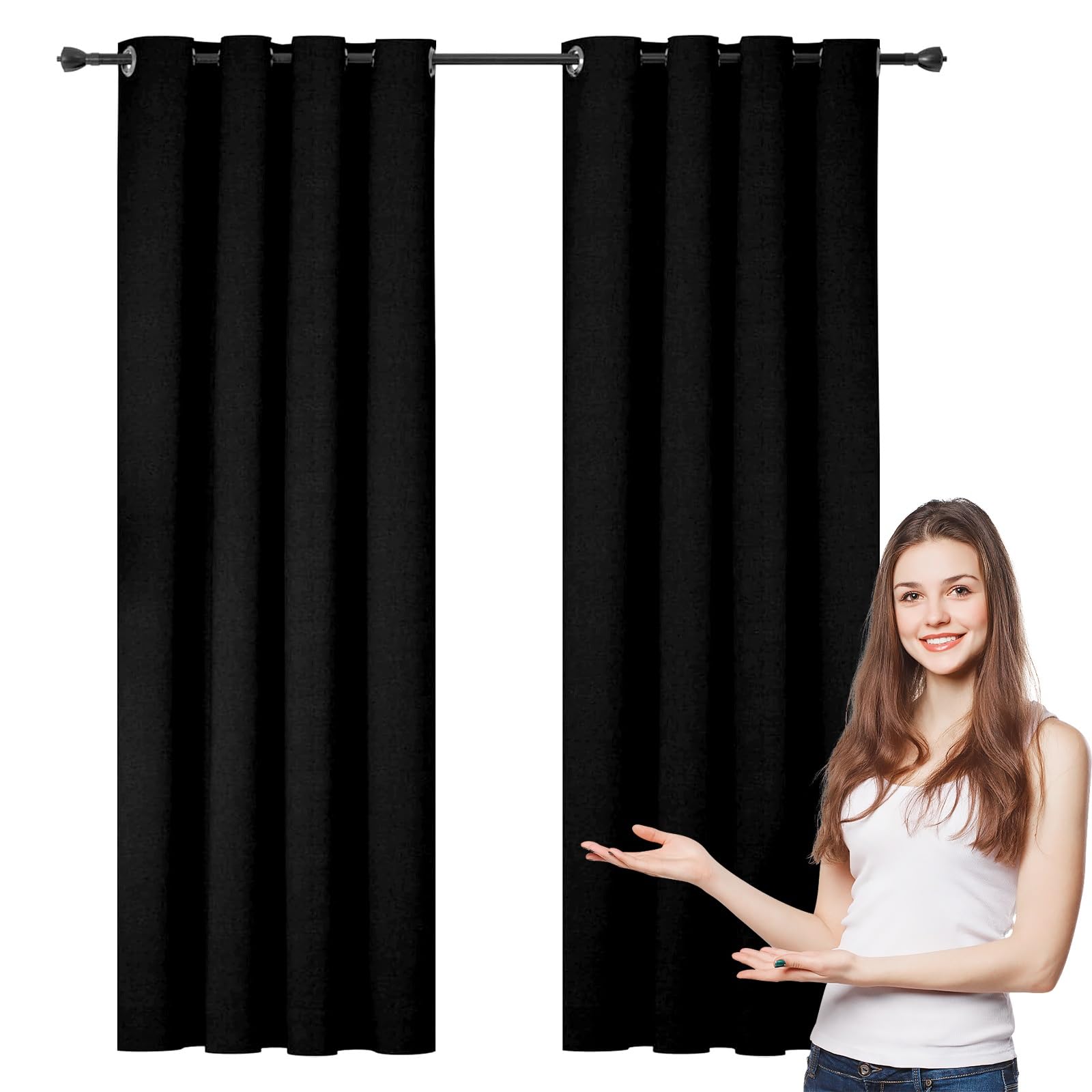WUXXIANG 100% Blackout Curtains Eyelet 140 x 250 cm Thermal Insulated Energy Saving, Kitchen Eyelet Short Curtains, with Blackout Lining, for Living Room/Kitchen, Black