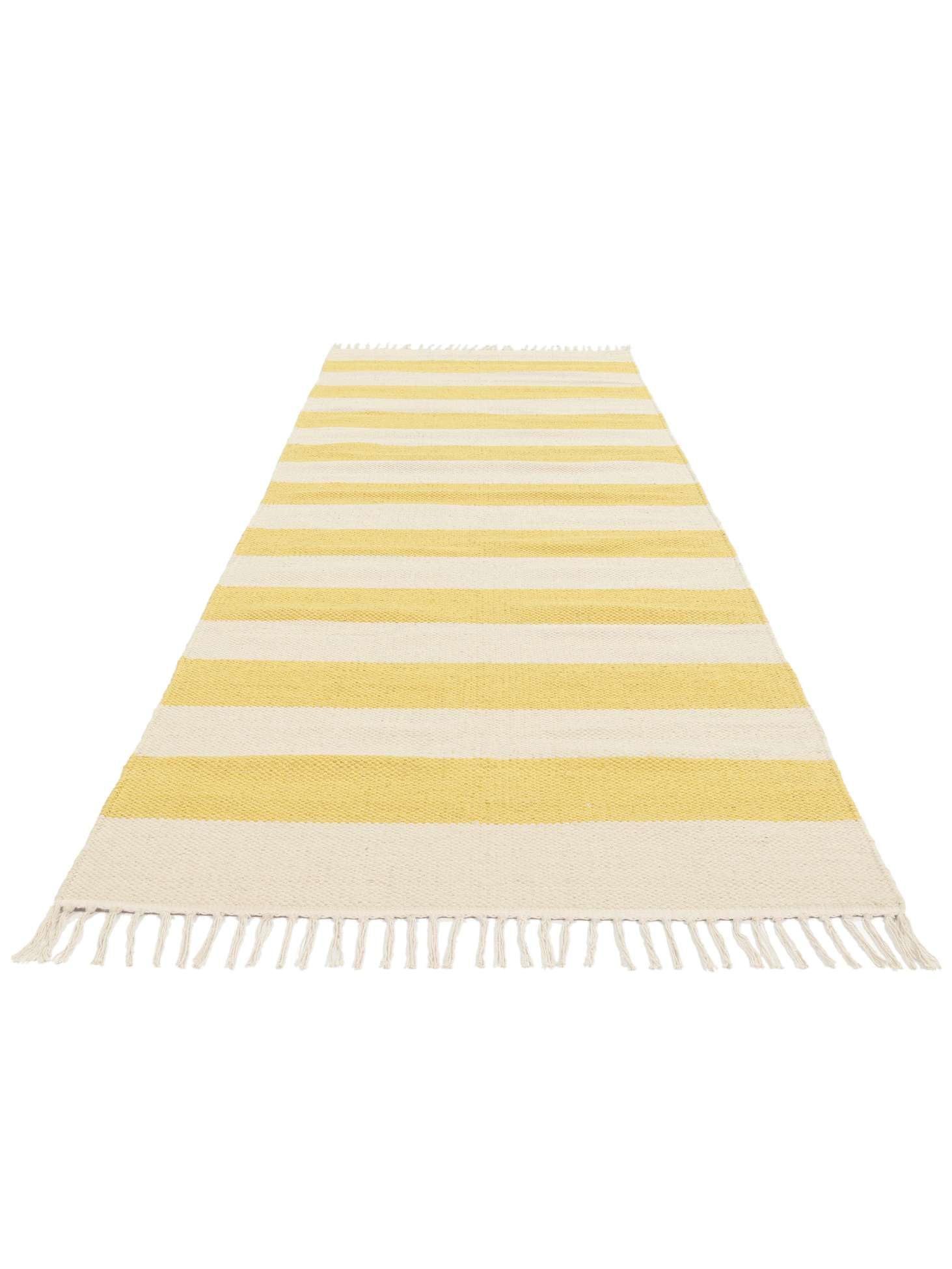 RugVista Cotton Stripe Alfombra, 80 x 300 cm, Amarillo | Kilim, Rectangular, Pelo corto, Limpieza en seco, Sala de estar, Dormitorio, Cocina, Pasillo