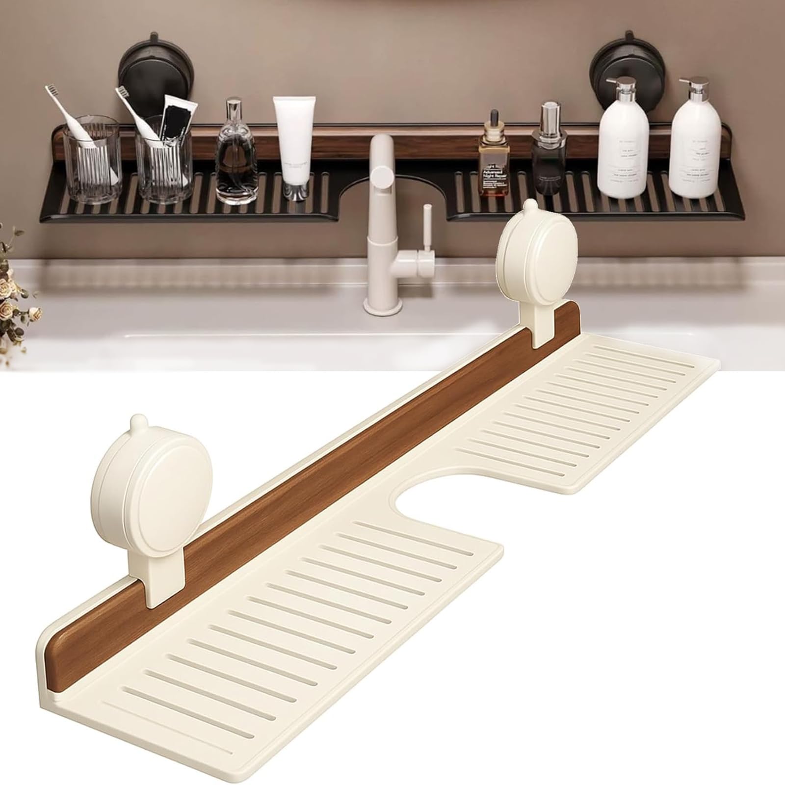 YUANCHUTOP Walnut Suction Cup Bathroom Shelf - Wall-Mounted, No Drilling Required, Adjustable Shower Storage Basket, Faucet, Kitchen & Bathroom Accessory (White, 50 cm)
