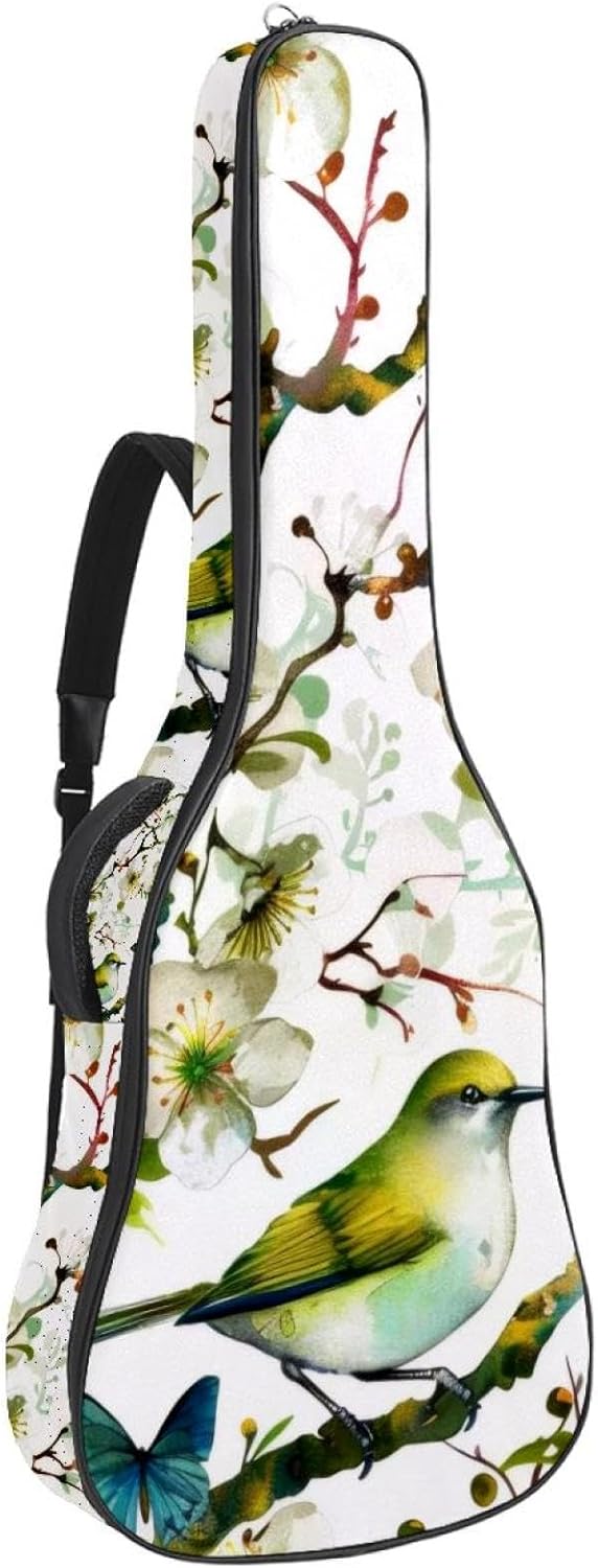 Acoustic Guitar Bag 0.4 Inch Thick Padding Waterproof Guitar Case Gig Bag for 40 41 42 Inch Electric Bass Classical Guitar, Green Bird Butterflies on Floral Branches