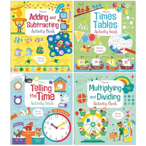 Foblit ltd Usborne Maths Activity 4 Set di raccolte di libri (addizione e sottrazione, tabelline, moltiplicazioni e divisioni e calcolo dell'ora) (pacchetto di libri di attività di matematica)