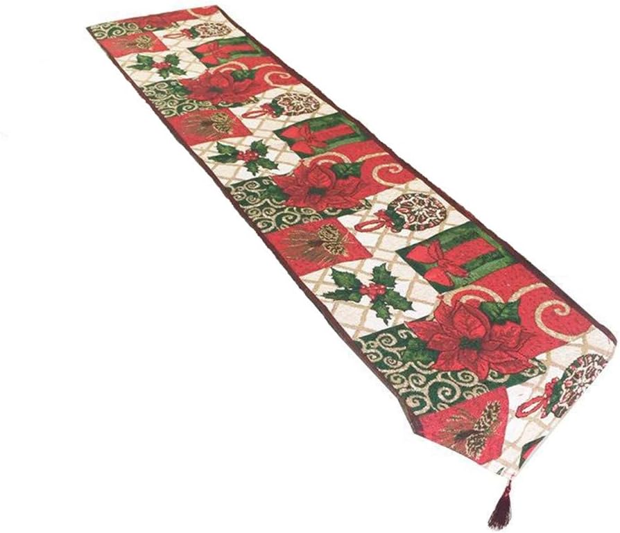 Christmas Decorative Table Runner 13 x 71 inch Jacquard Weave Red Poinsettia Green Leaves Joy Peace Love Christmas Flower Soft Table Cloth Home Wedding Party Table Decor