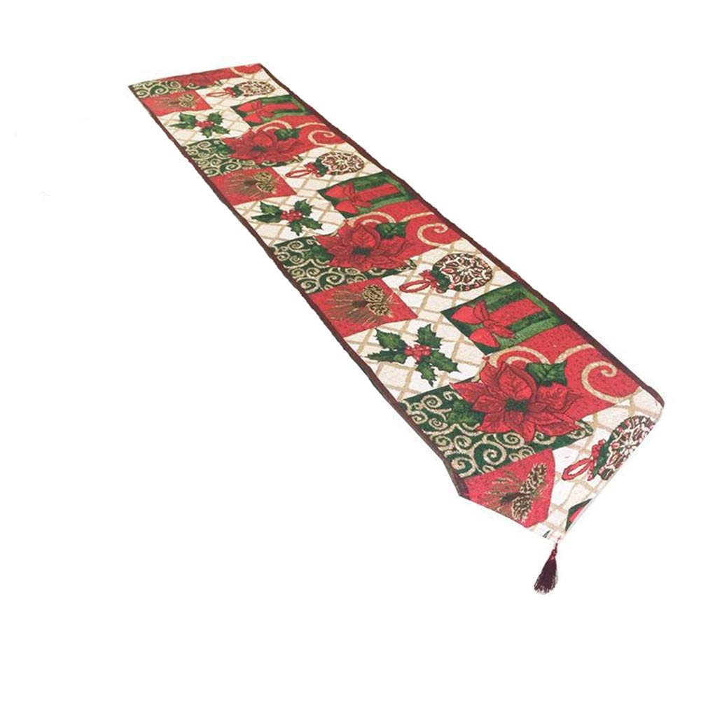 Christmas Decorative Table Runner 13 x 71 inch Jacquard Weave Red Poinsettia Green Leaves Joy Peace Love Christmas Flower Soft Table Cloth Home Wedding Party Table Decor