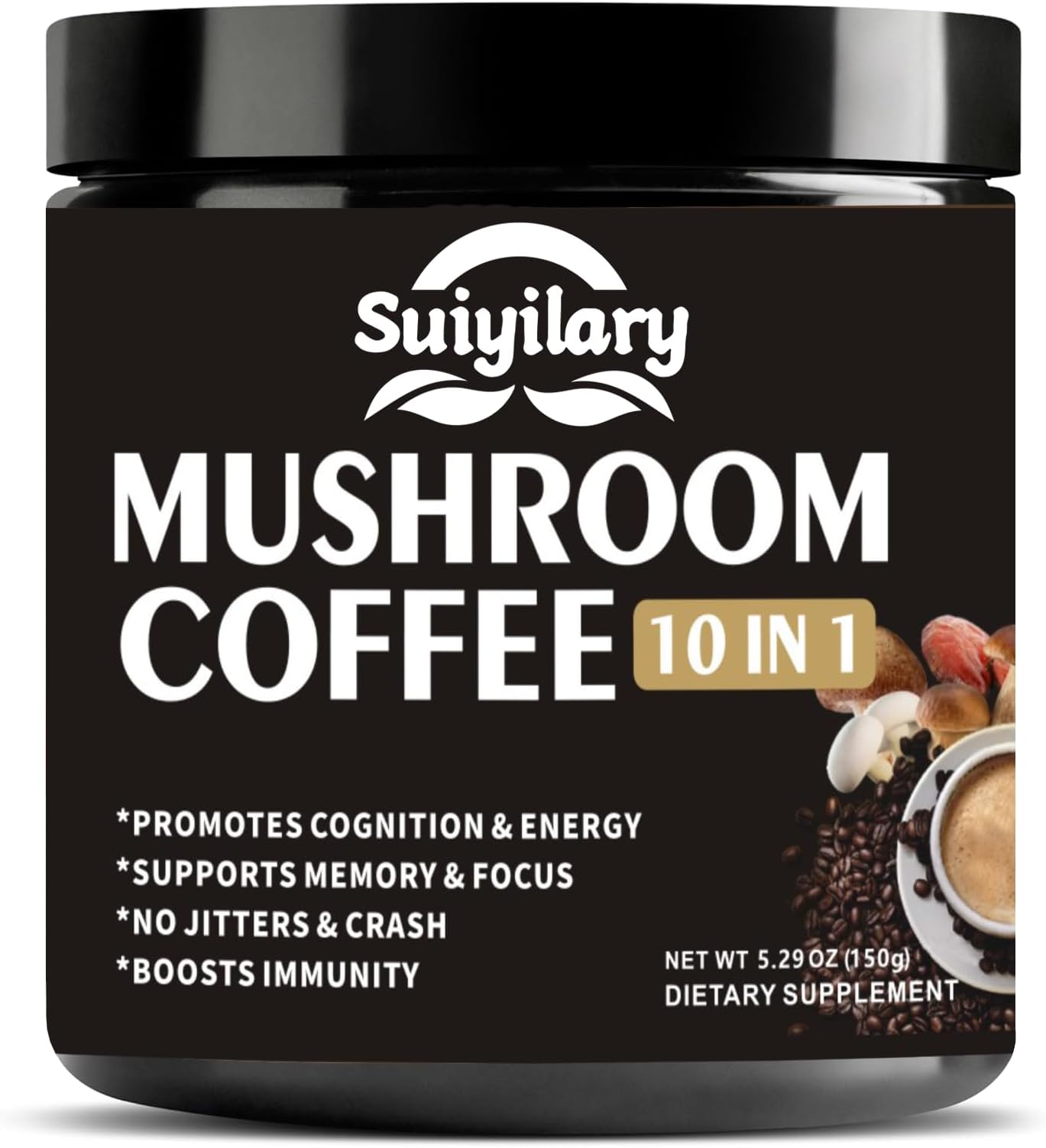 Suiyilary Mushroom Coffee, 10 Mushroom Extract Powder Blend Lion's Mane, Reishi, Chaga, Cordyceps, Turkey Tail, Brain Supplements with Instant Coffee for Energy, Focus, Memory and Immunity 150g