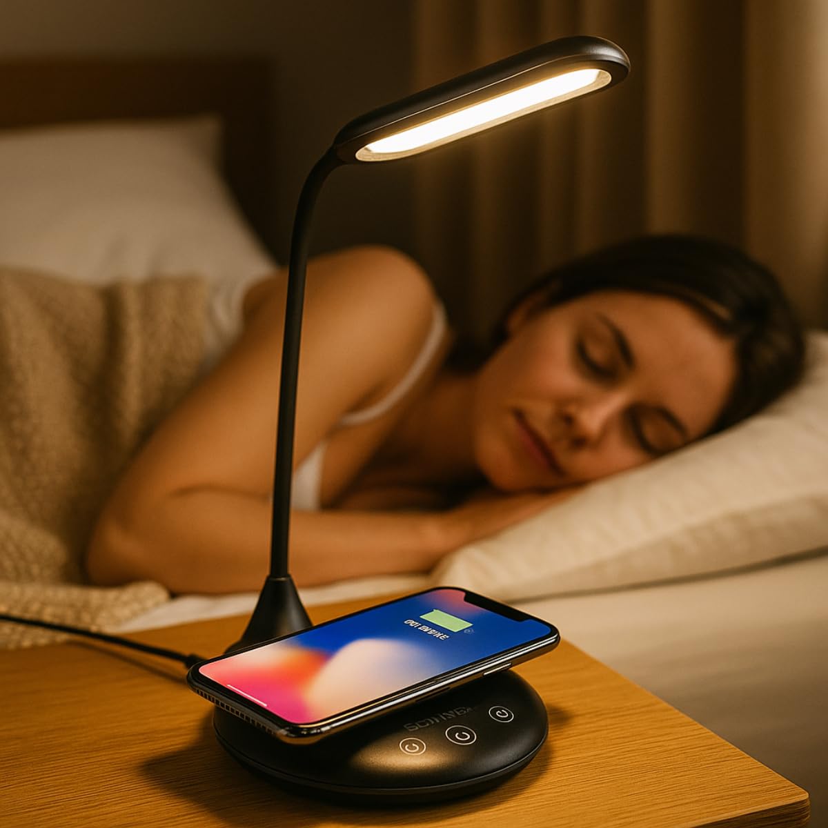 Grundig Lampa biurkowa z bezprzewodową ładowarką, dotykowa ściemnialna lampa LED, lampka nocna z 3 kolorami światła, USB-C - elastyczne ramię do regulowanego oświetlenia