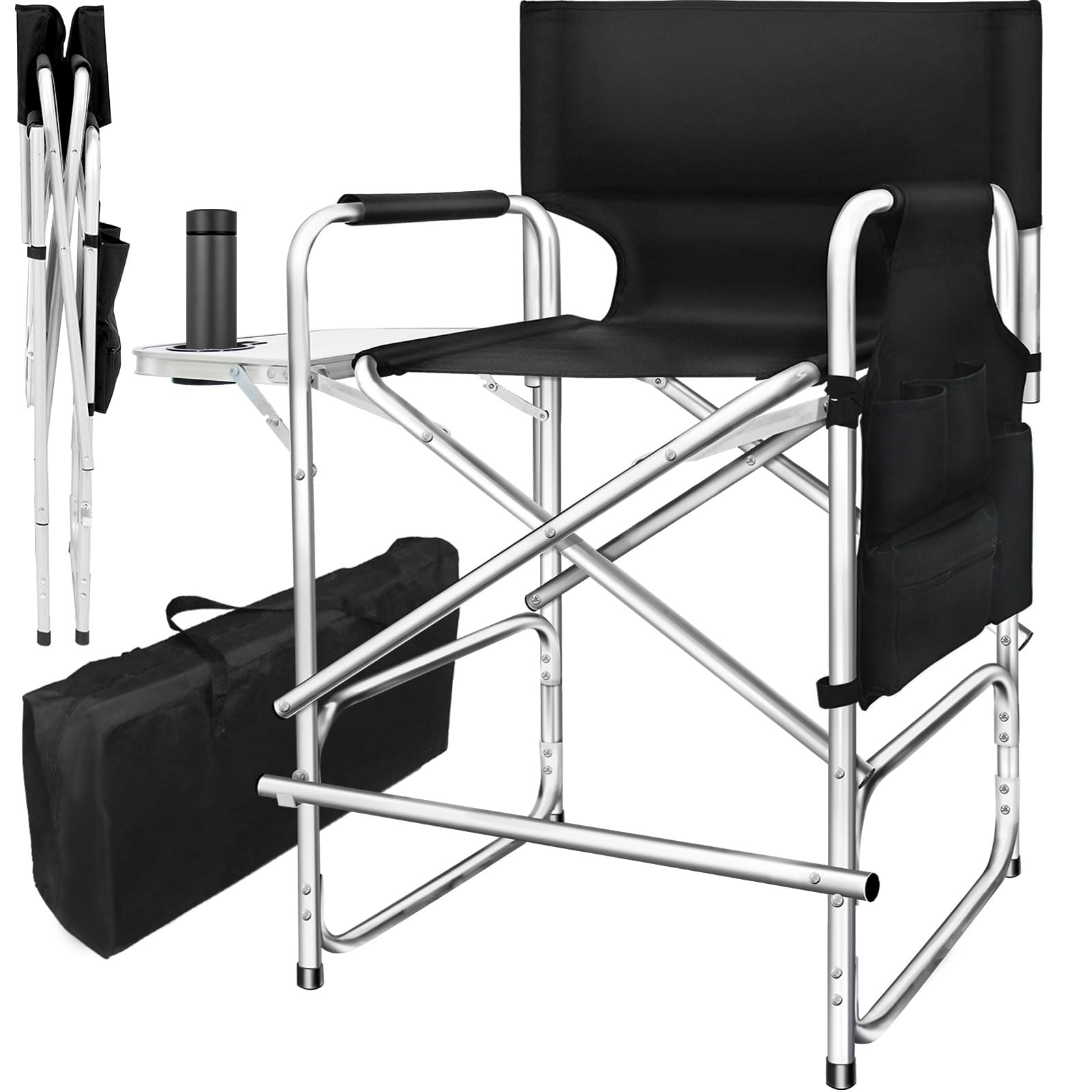 AQNIEGEP Makeup Chair for Makeup Artist 41" Tall Folding Directors Chair Makeup Artist Chair for Clients Directors Chair with Side Table Cup Holder Footrest Bags 400 lbs Load