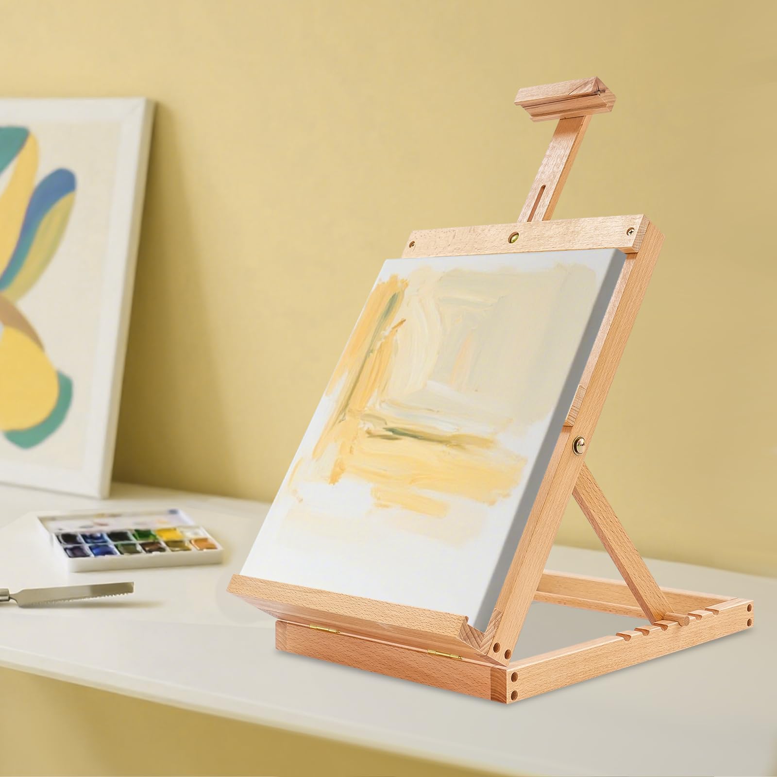 Caballete de mesa de madera resistente con marco en H, soporta lienzo de hasta 30 x 32 cm, caballete de mesa ajustable de madera de haya para pintar lienzo, para adultos y principiantes